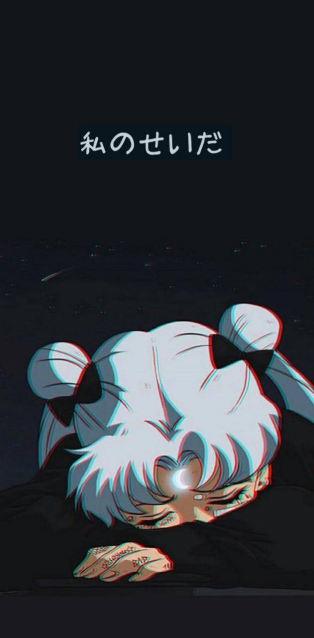 動漫 桌布 壁紙 — 一個悲傷的動漫女孩，白髮紅邊，在星空下將頭靠在手臂上。