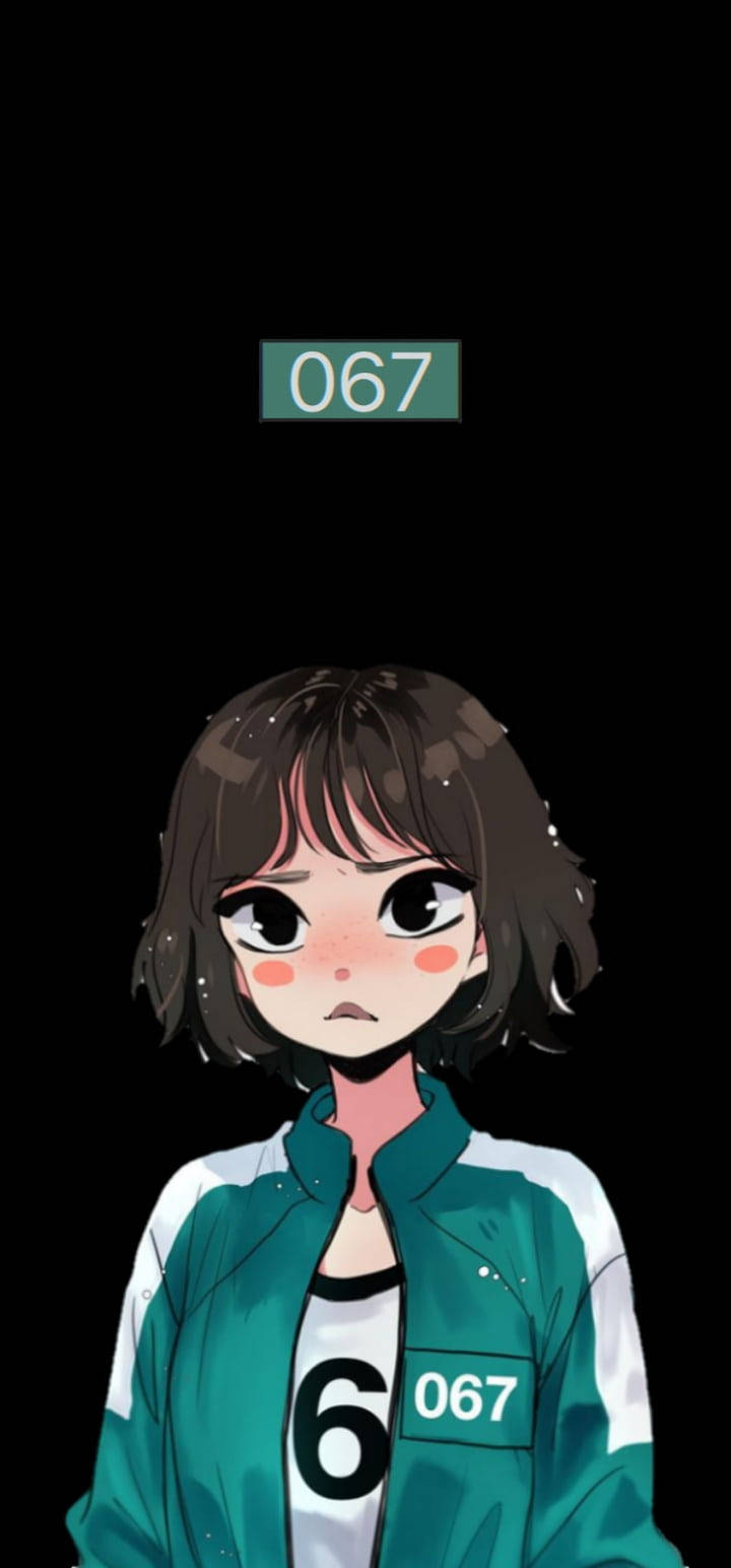 game 桌布 壁紙 — 一個悲傷的動漫女孩，短棕色頭髮，穿著綠色和白色外套，胸前有數字067，頭頂有匹配的標籤。