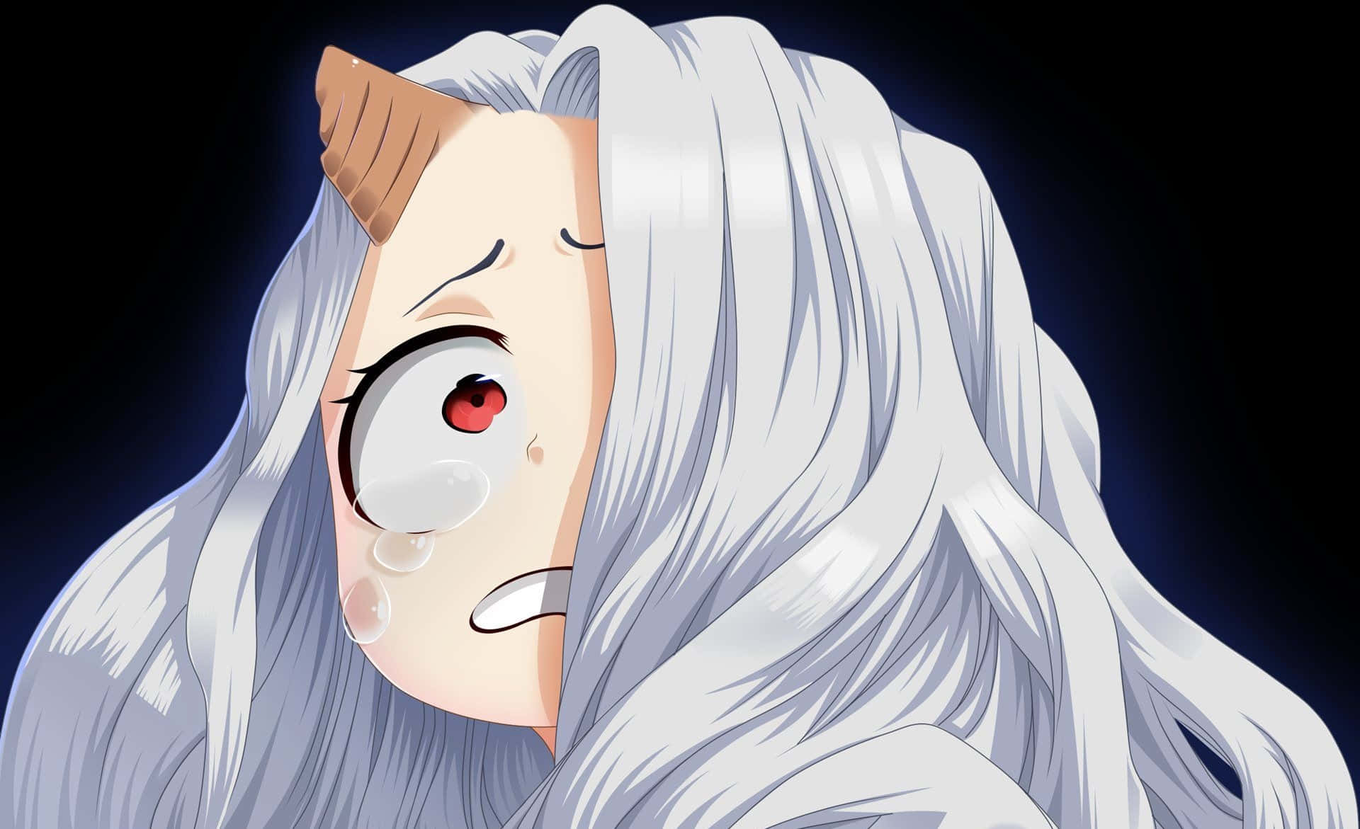 Eri My Hero Academia 桌布 壁紙 — 一個悲傷的動漫女孩，長著銀色長髮和一個角，在黑暗背景中哭泣，露出一隻紅色的眼睛。