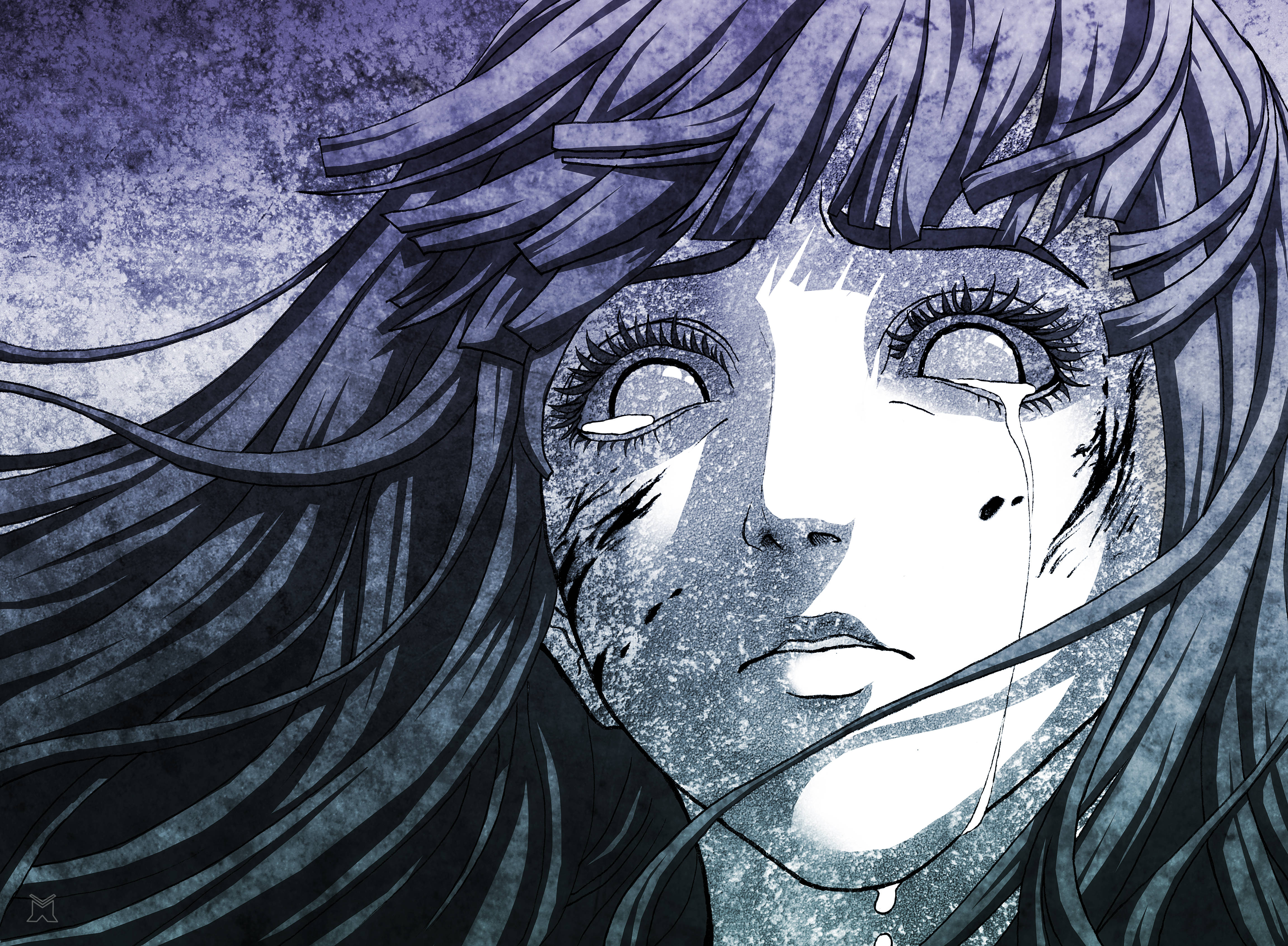 Hinata Hyuga 桌布 壁紙 — 一個悲傷的動漫女孩，長長的黑髮，在紋理紫色天空下哭泣，淚水沿著臉頰流下。