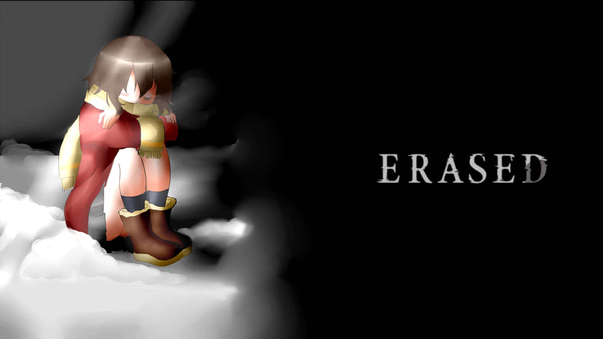 Erased 桌布 壁紙 — 一個悲傷的動漫女孩穿著紅色外套和靴子，蜷縮在雲朵上，背景黑暗，並有發光的「ERASED」字樣。