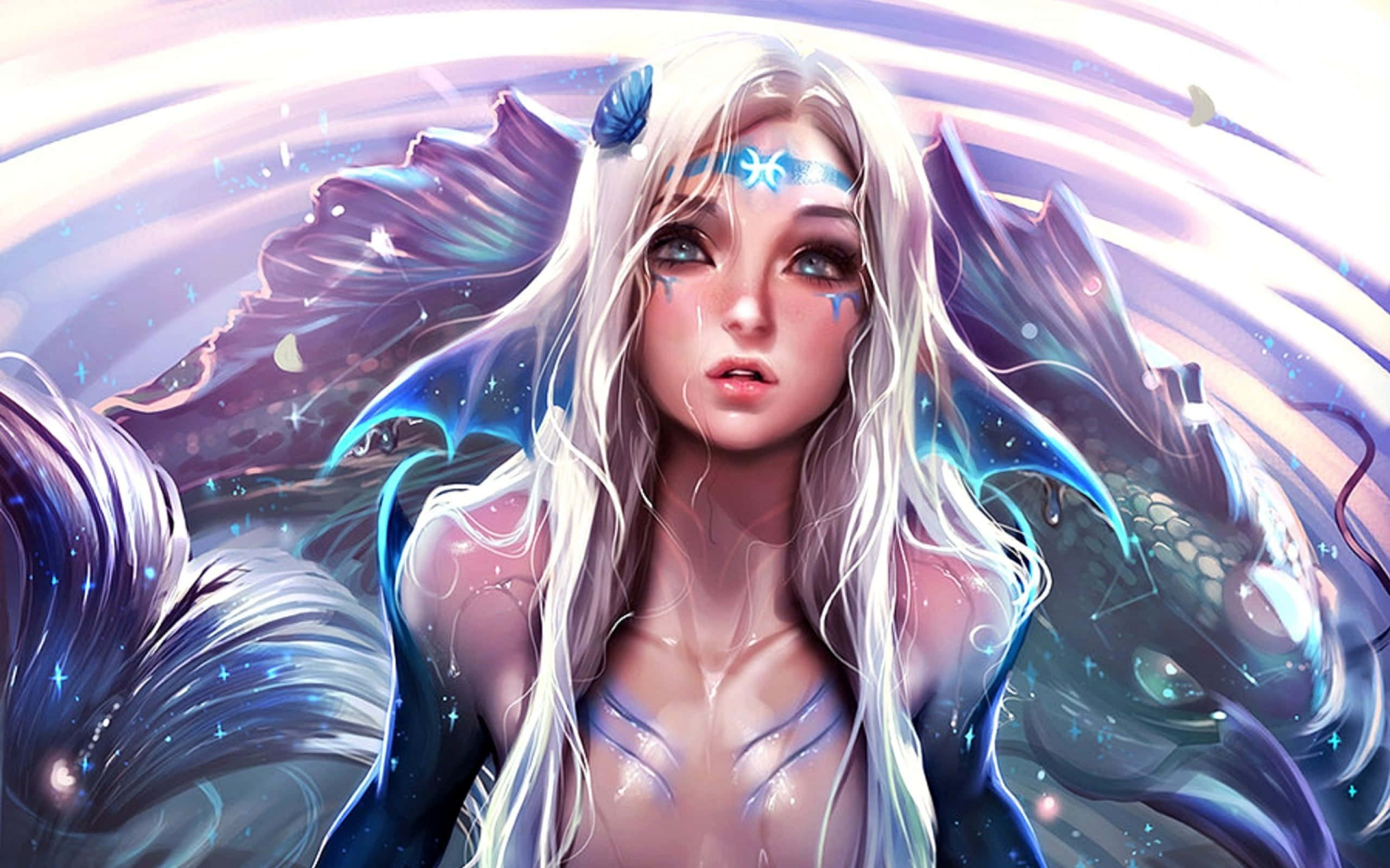 Zodiac Sign 桌布 壁紙 — 一個悲傷的動漫美人魚，長長的白髮和藍色調的眼淚，在旋轉的宇宙背景下向上凝視。