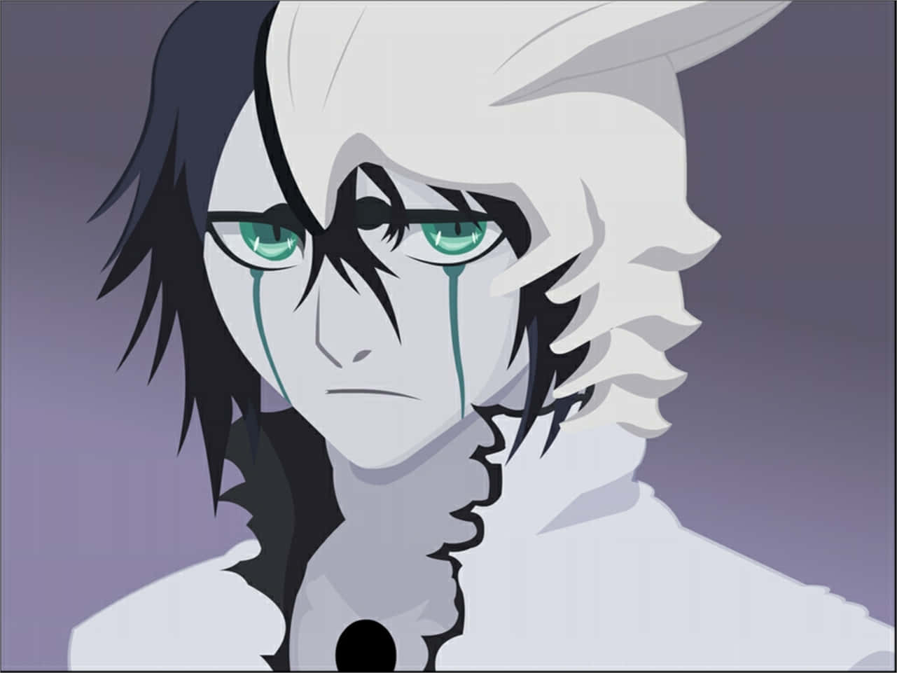 Ulquiorra Cifer 桌布 壁紙 — 一個悲傷的動漫角色，擁有白色和黑色的頭髮、綠色的眼睛，以及青綠色的淚水順著臉頰流下，背景是柔和的紫色。