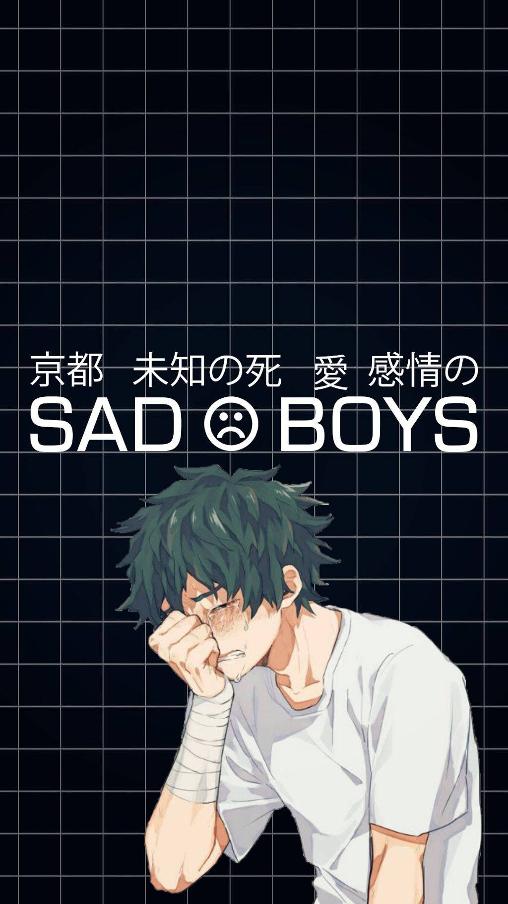 桌布 壁紙 — 一個悲傷的動畫男孩，綠色頭髮，在帶有日文字和「SAD BOYS」標題的深色網格背景上，用手捂著臉哭泣。