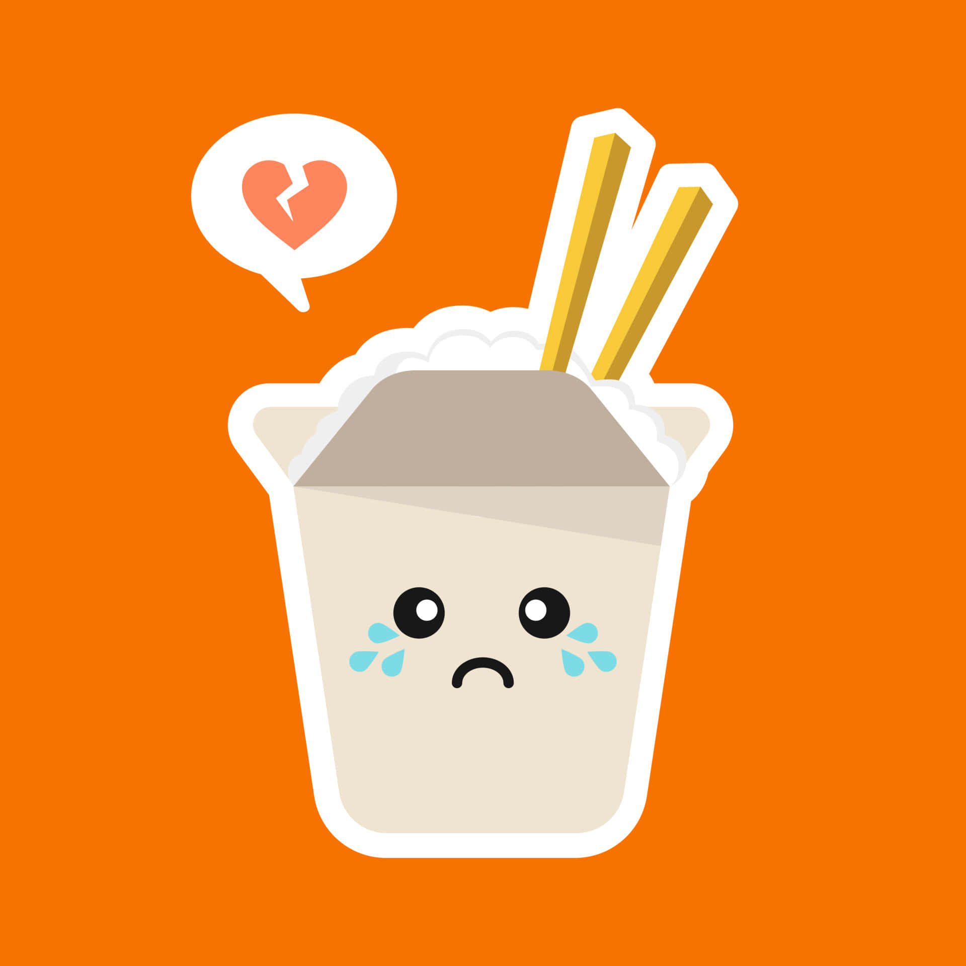 Cute Kawaii Japanese Characters 桌布 壁紙 — 一個悲傷的卡通外帶容器，帶有眼淚和一個破碎的心對話氣泡，背景為橙色。