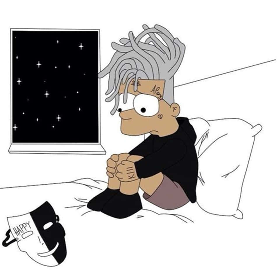 bart simpson sad boy 桌布 壁紙 — 一個悲傷的卡通男孩，留著灰色辮子，坐在床上凝視著繁星點點的夜晚窗戶，旁邊有一個「快樂」面具。