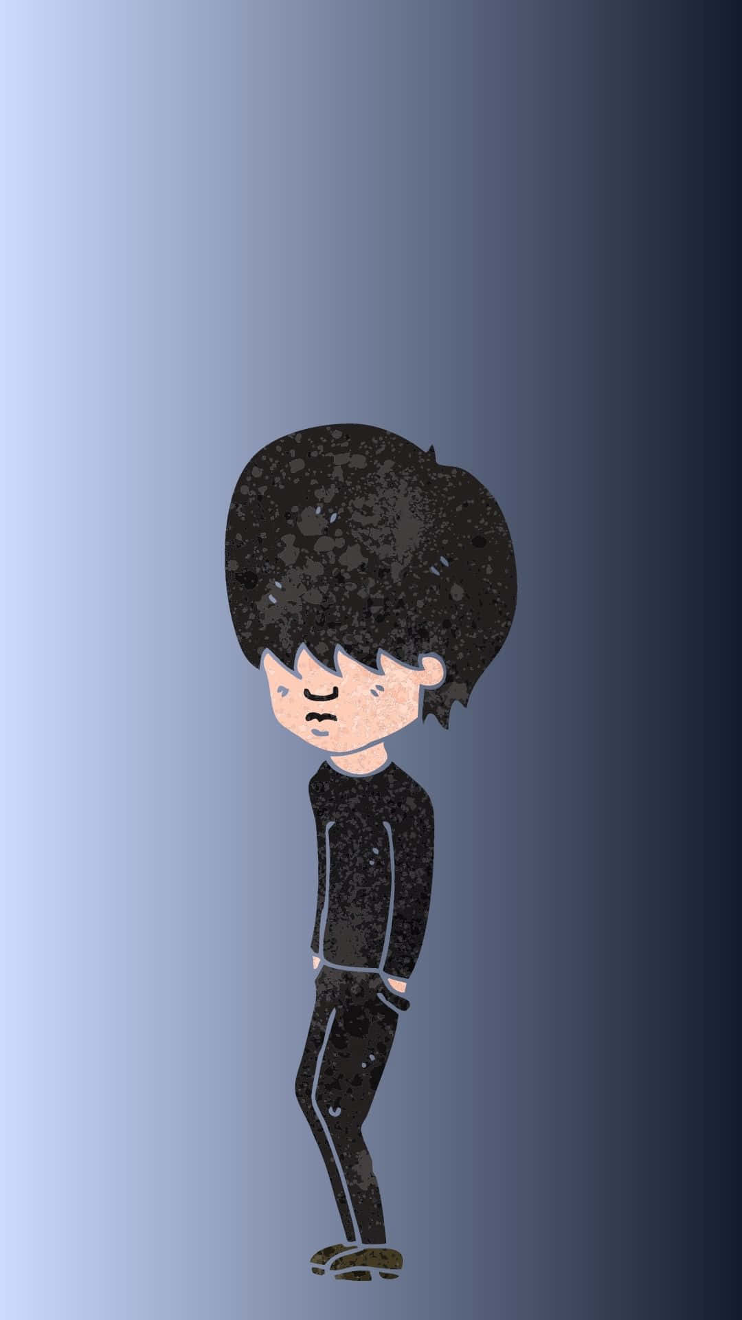 Cute Emo 桌布 壁紙 — 一個悲傷的卡通男孩，黑色亂髮，站在漸變藍色背景前，雙手插袋，神情沮喪。