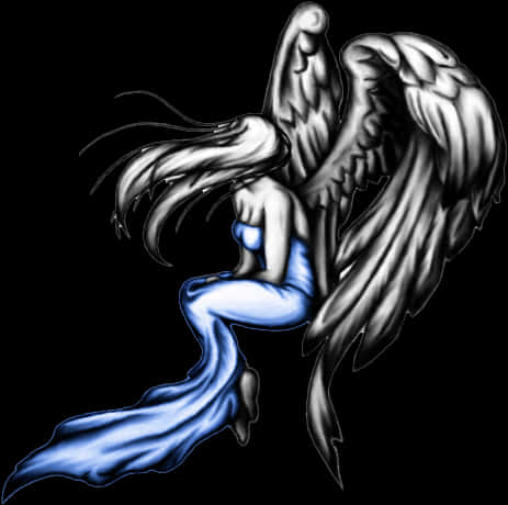 Tattoo Design 桌布 壁紙 — 一個悲傷的天使，擁有巨大的羽毛翅膀和飄逸的藍色長袍，坐在黑色背景下的陰影孤獨中。