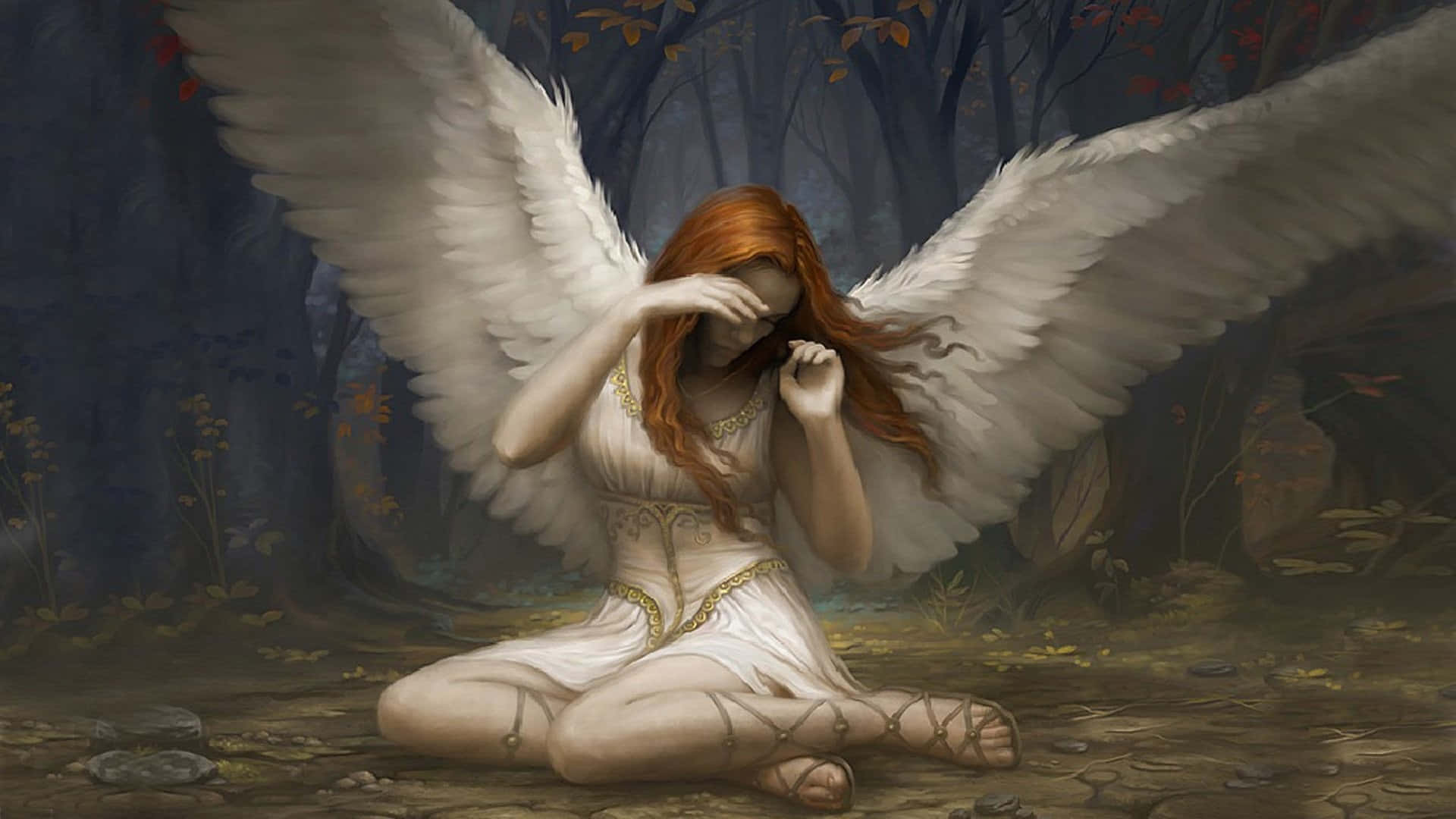 angels 桌布 壁紙 — 一個悲傷的天使，長著巨大的白色翅膀，跪在黑暗的森林中，用一隻手遮住臉。