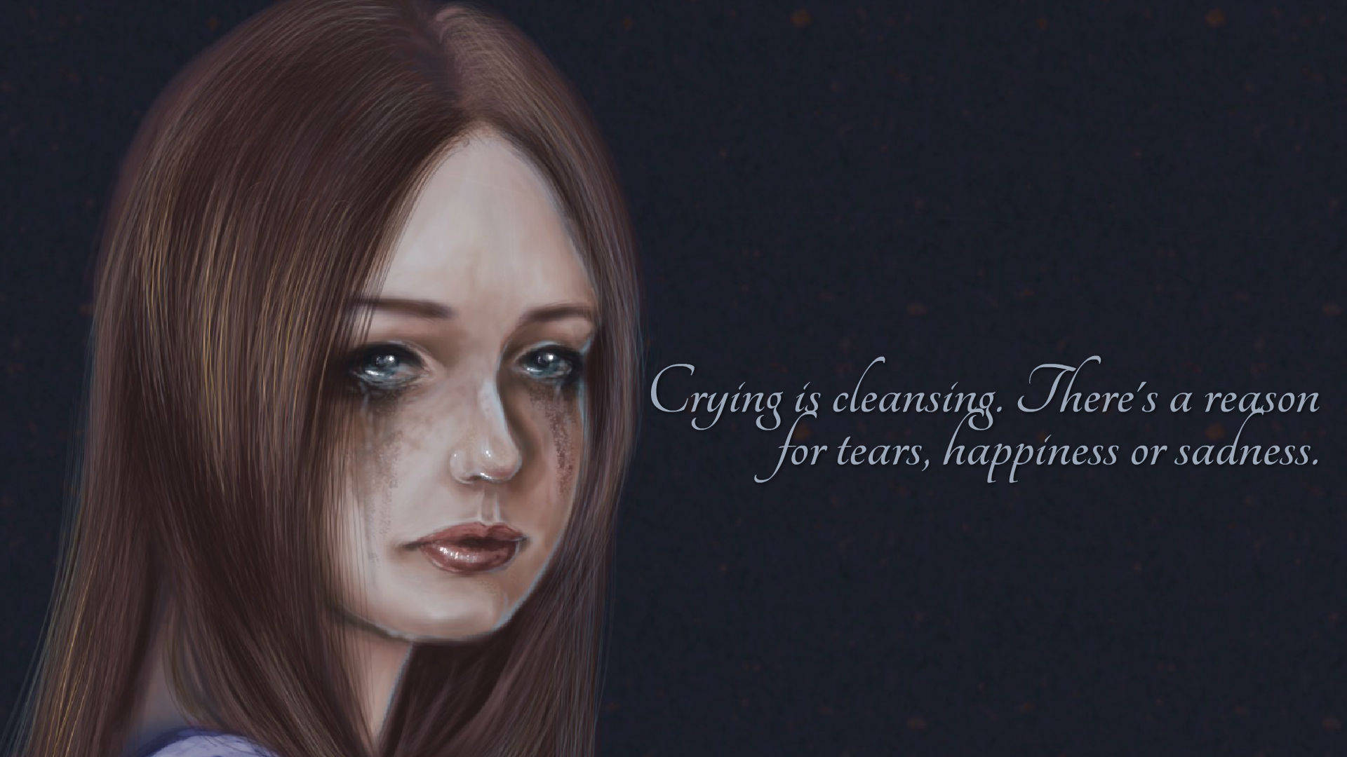 Sad Quotes 桌布 壁紙 — 一個悲傷的女人，臉上帶著淚痕，在帶有詩意文字的深色紋理背景前溫柔地凝視。