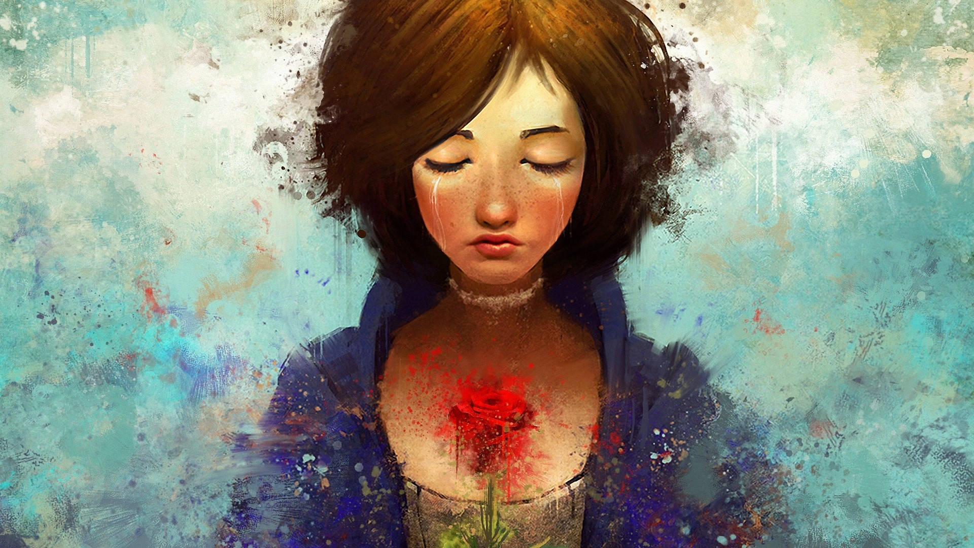 生化奇兵：無限之城 桌布 壁紙 — 一個悲傷的女孩閉著眼睛流淚，胸前握著一朵盛開的紅玫瑰，背景是帶紋理的青綠色。