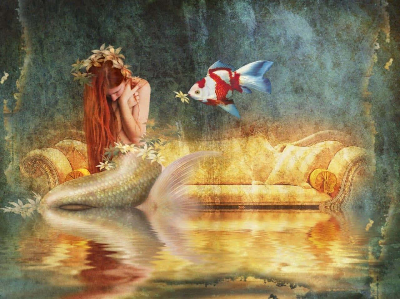 美人魚 桌布 壁紙 — 一個悲傷的紅髮美人魚坐在水中的金色沙發上，一條錦鯉叼著一朵花游向她。