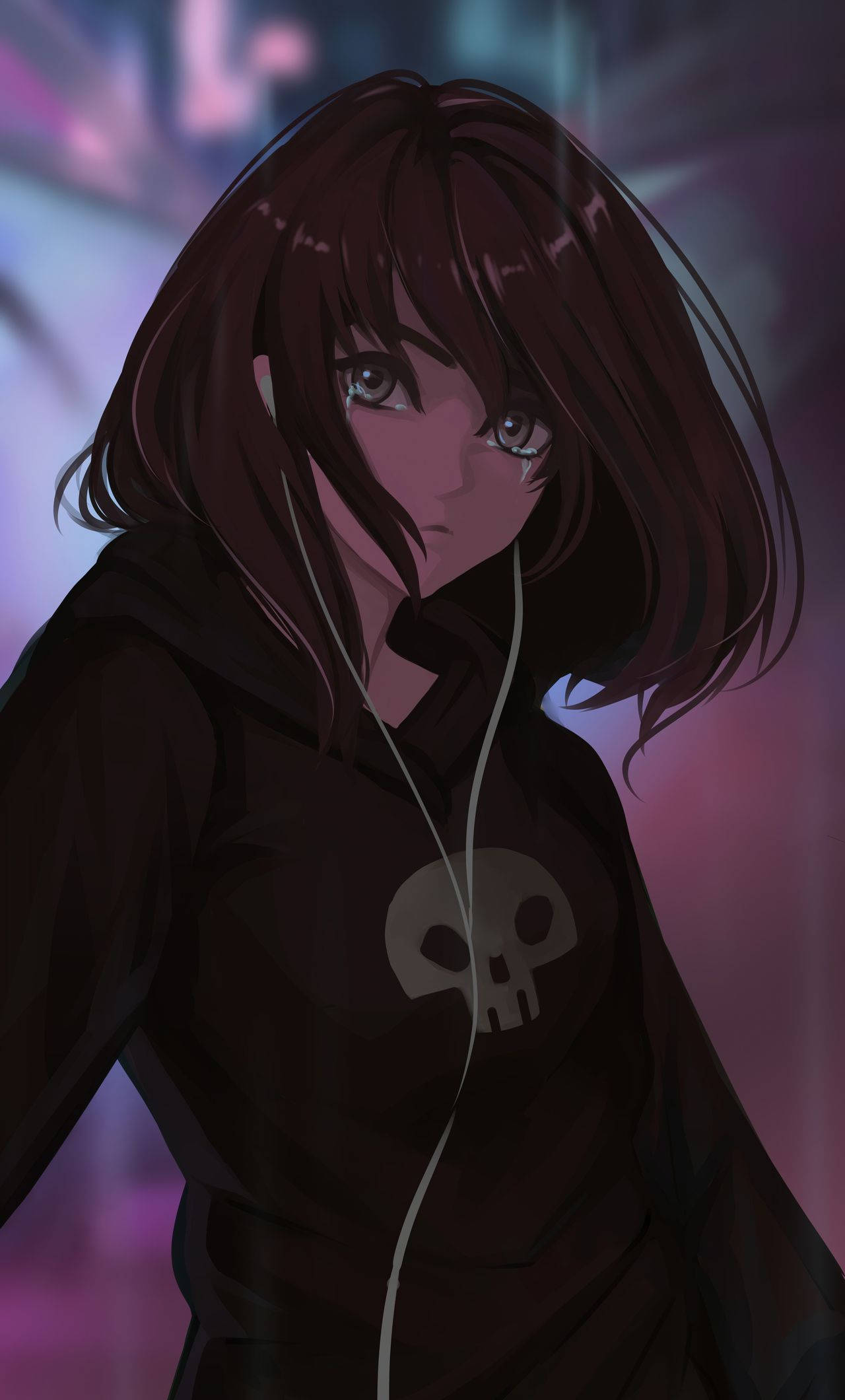 Hoodie 桌布 壁紙 — 一個情緒化的動漫女孩，深色頭髮，穿著骷髏連帽衫，在霓虹燈照亮的城市夜景中聽音樂。