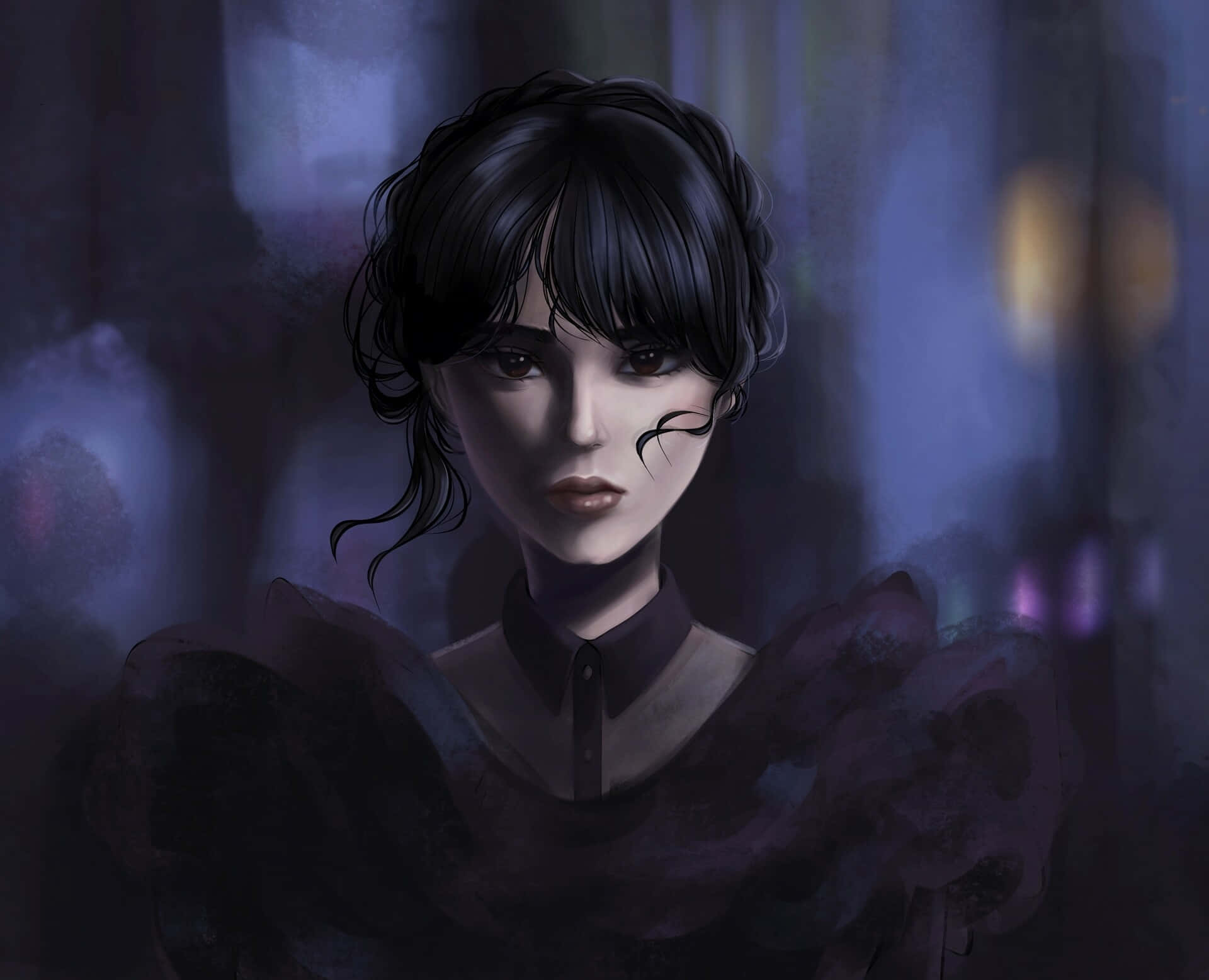 Beautiful Artistic 桌布 壁紙 — 一個情緒化的動漫女孩，深色頭髮，穿著黑色連衣裙，在昏暗模糊的城市夜景中凝視前方。