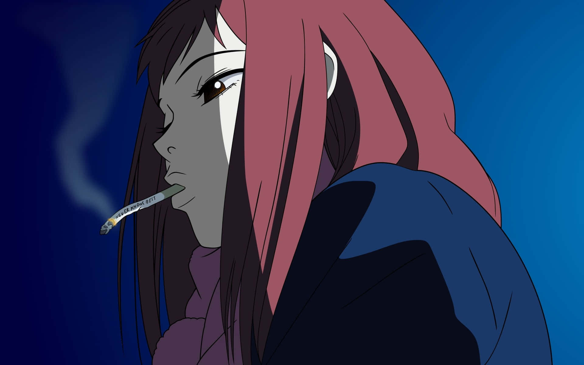 Mamimi Samejima 桌布 壁紙 — 一個情緒化的動漫女孩，粉紅色和深色頭髮，在深藍色背景下抽煙。