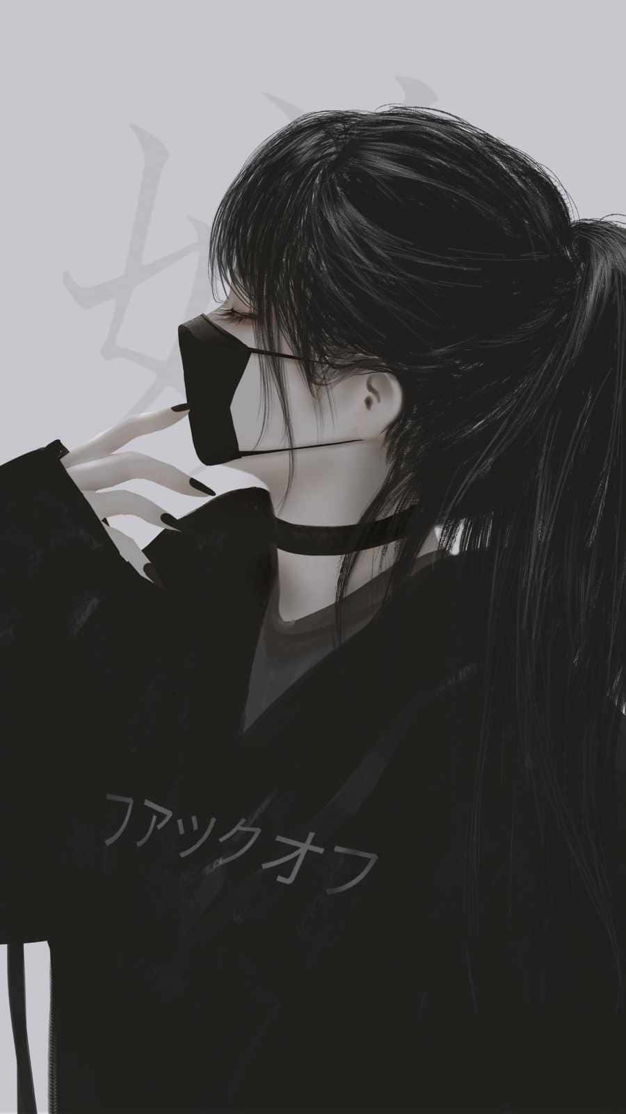 女孩感手機 桌布 壁紙 — 一個情緒化的動漫女孩，長長的黑馬尾辮，戴著黑色口罩和頸鏈，看向別處。