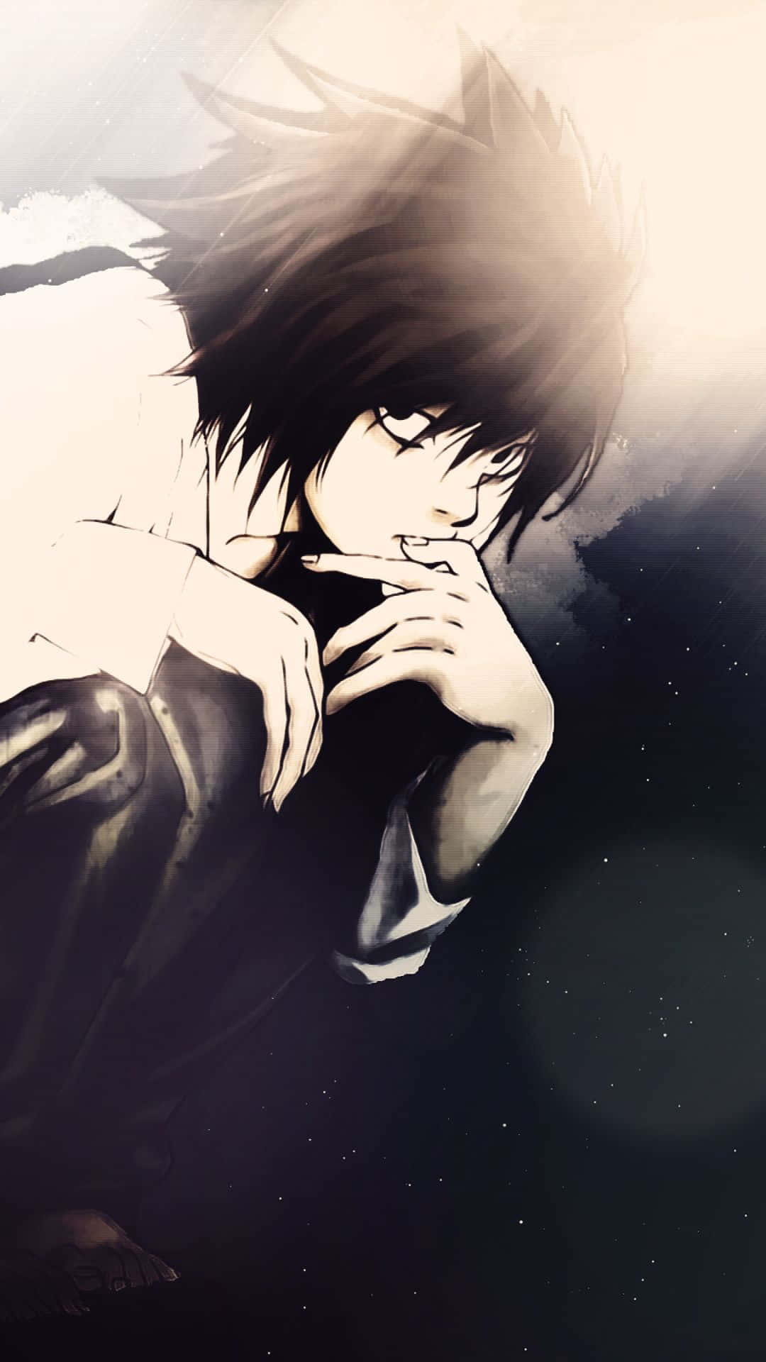Sad Anime Death 桌布 壁紙 — 一個情緒化的動漫男孩，有著尖刺頭髮和銳利的眼神，在繁星點點的夜空下用手托著下巴。