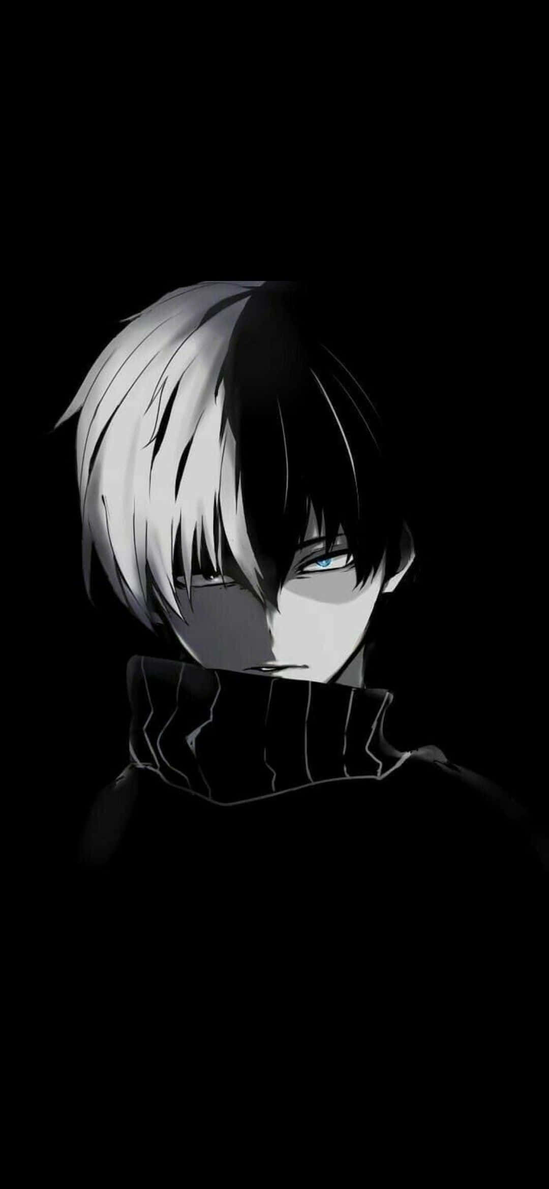 Todoroki Black 桌布 壁紙 — 一個情緒化的動漫角色，擁有半黑半白的頭髮和發光的藍色眼睛，在純黑色背景下強烈凝視。