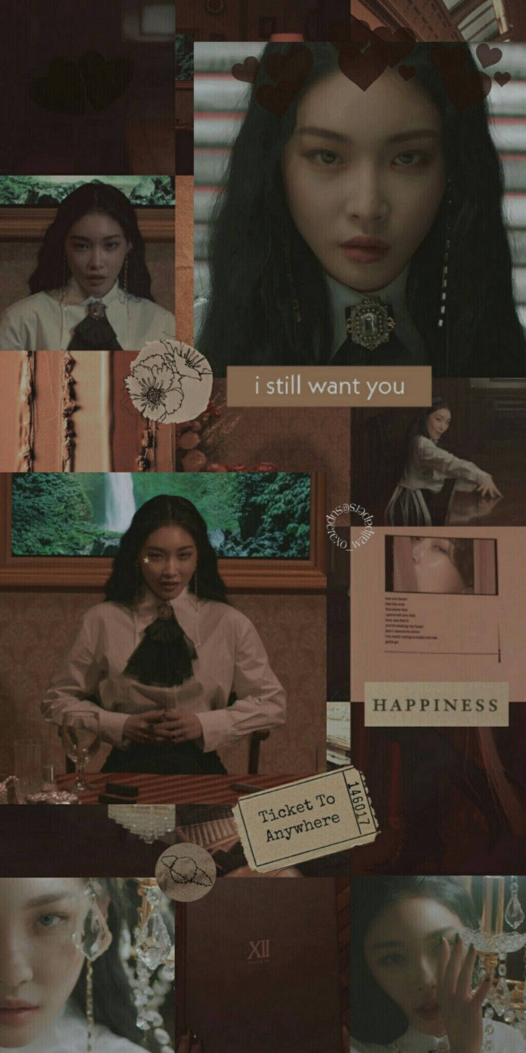 Chungha 桌布 壁紙 — 一個情緒化的拼貼畫，描繪一位穿著復古服裝的女性，在親密的室內場景中，帶有文字疊加和花卉圖案。