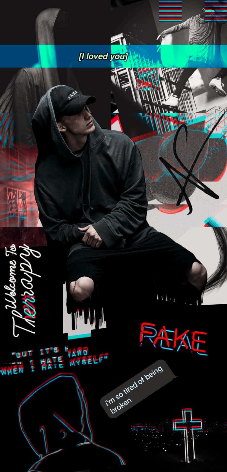 Nf Rapper 桌布 壁紙 — 一個情緒化的數位拼貼，展示一名身穿黑色連帽衫的男子，周圍環繞著故障藝術文字和情感語錄。