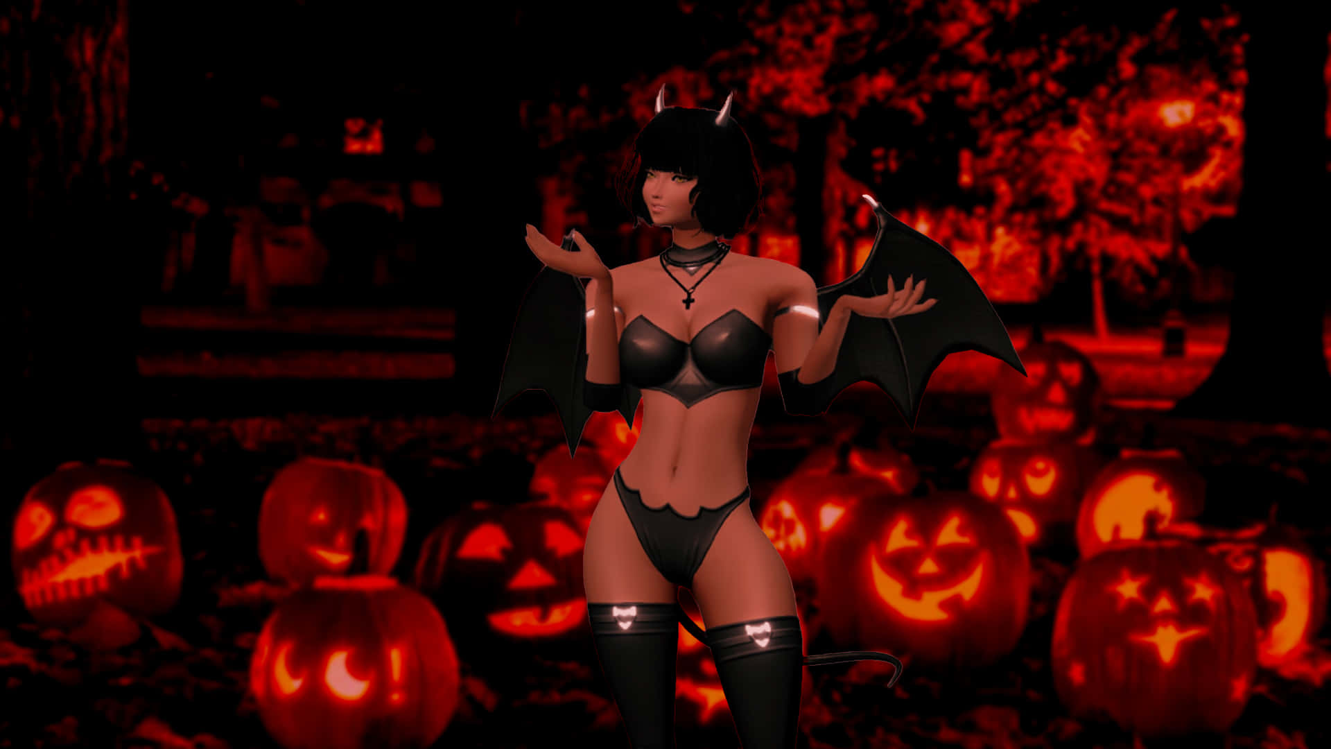 sexy cartoon 桌布 壁紙 — 一個惡魔主題的動漫女孩，擁有蝙蝠翅膀，站在暗紅色森林中發光的南瓜燈之間。