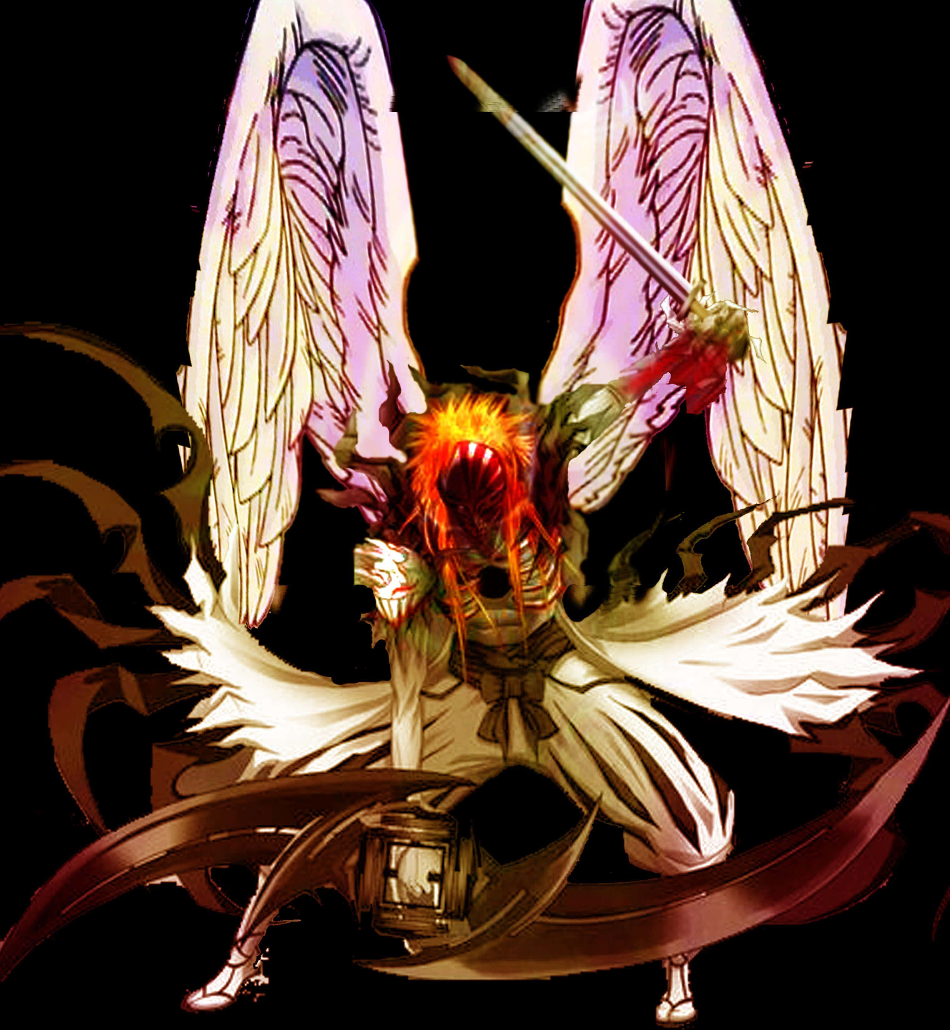 Ichigo Final Form 桌布 壁紙 — 一個惡魔天使，擁有發光的紅色眼睛和巨大的翅膀，揮舞著劍對抗黑暗旋轉的能量。