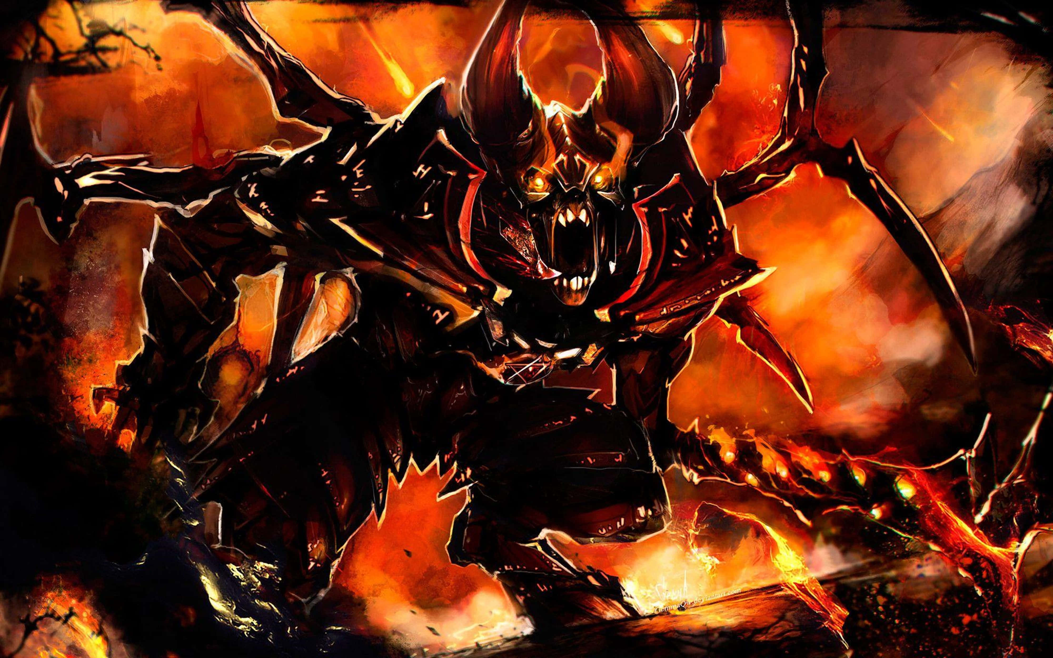 Doom Eternal 4K 桌布 壁紙 — 一個惡魔戰士，眼睛發光，身穿尖刺盔甲，在熾熱的橙色和黑色地獄背景中咆哮。