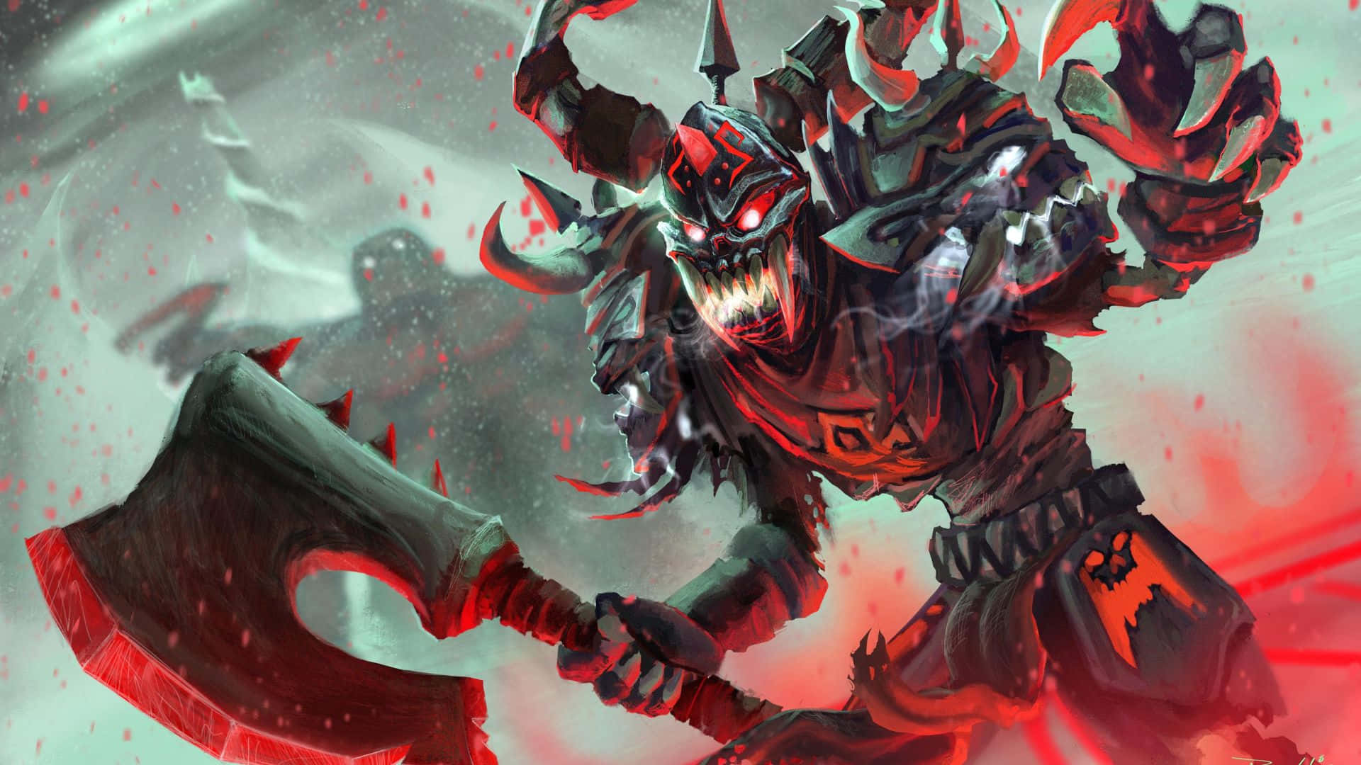 World Of Warcraft Races 桌布 壁紙 — 一個惡魔戰士，雙眼發出紅光，在血與煙的風暴中揮舞著帶刺的斧頭。