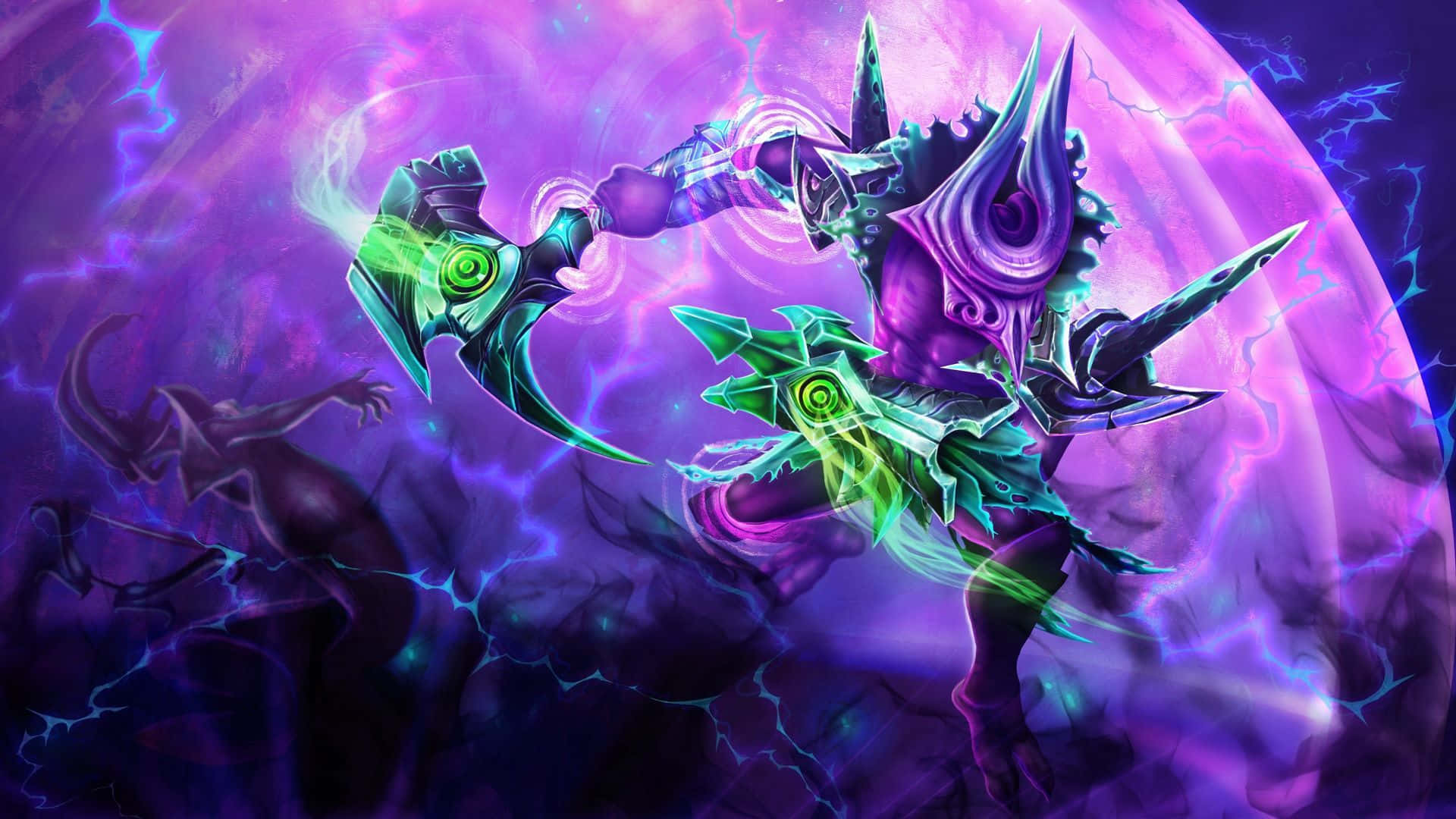 Faceless Void 桌布 壁紙 — 一個惡魔戰士在旋轉的紫色閃電風暴背景下揮舞著發光的綠色武器。