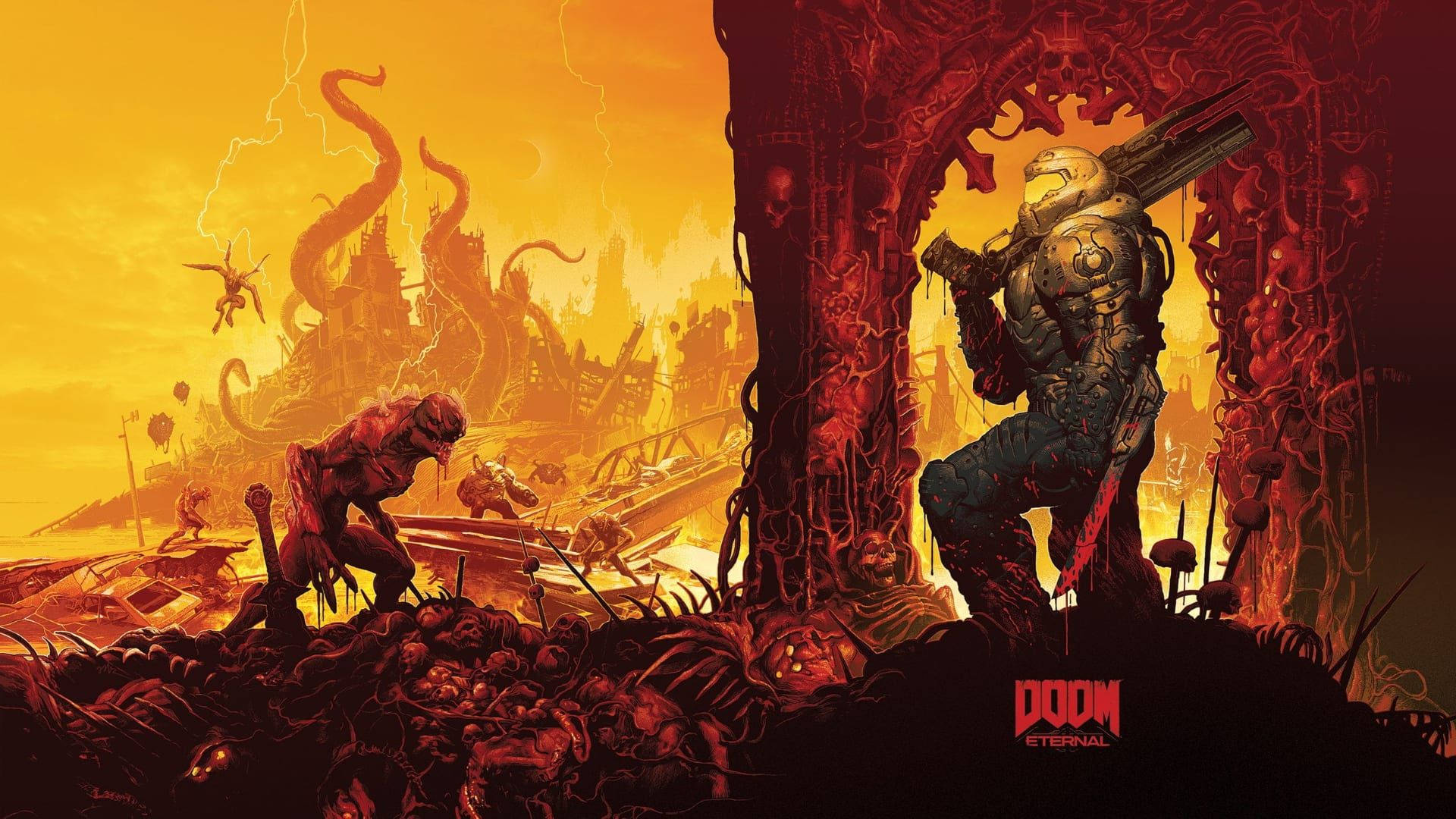 doom HD 桌布 壁紙 — 一個惡魔戰士站在血紅色的拱門下，面向地獄般的戰場，天空是火熱的橙色。