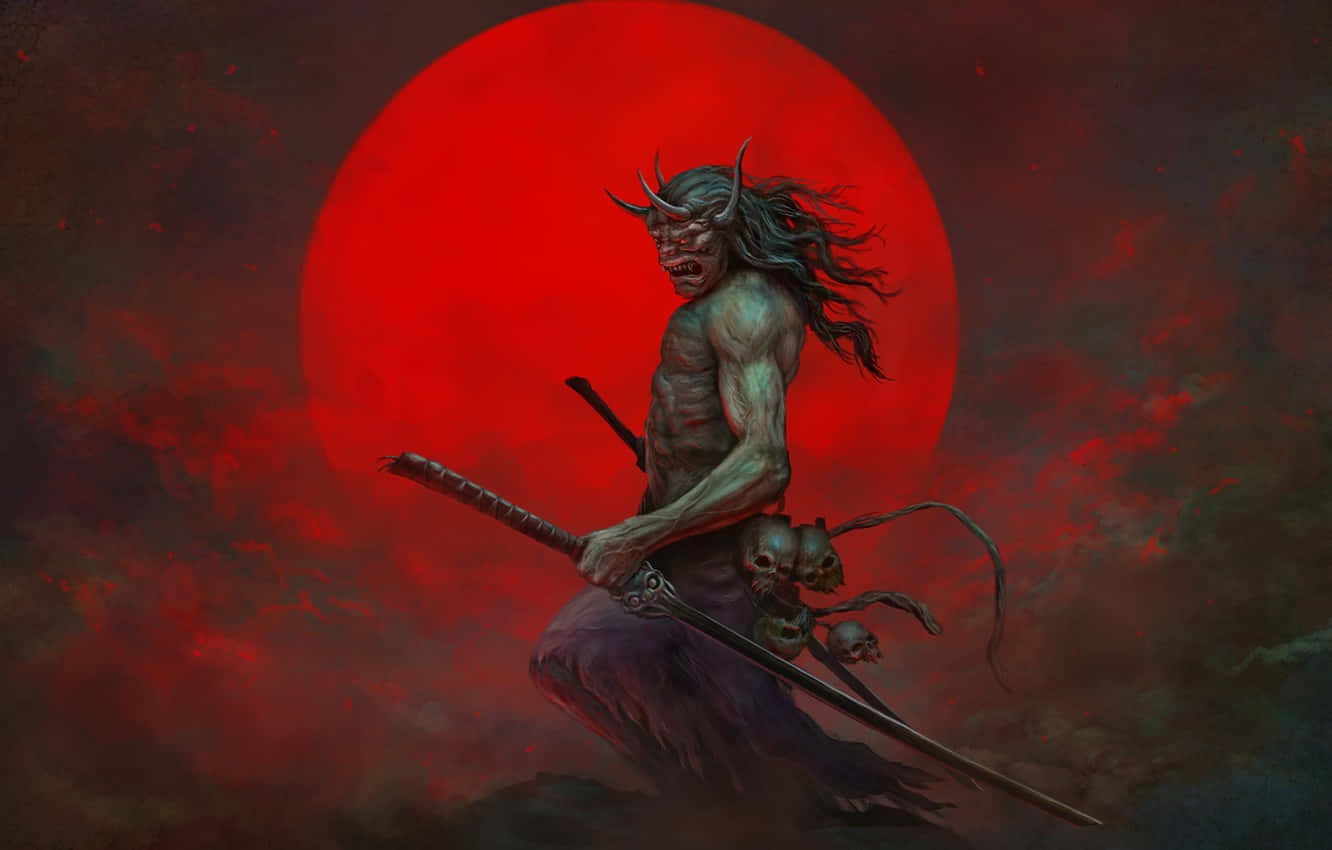 武士動畫 桌布 壁紙 — 一個惡魔武士，頭上有角和骷髏，騎著紅月亮，背景是血紅色的天空。
