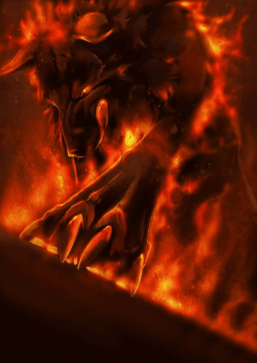 Red Wolf 桌布 壁紙 — 一個惡魔生物，眼睛和爪子發光，從旋轉的火焰中出現，場景火熱地獄般。