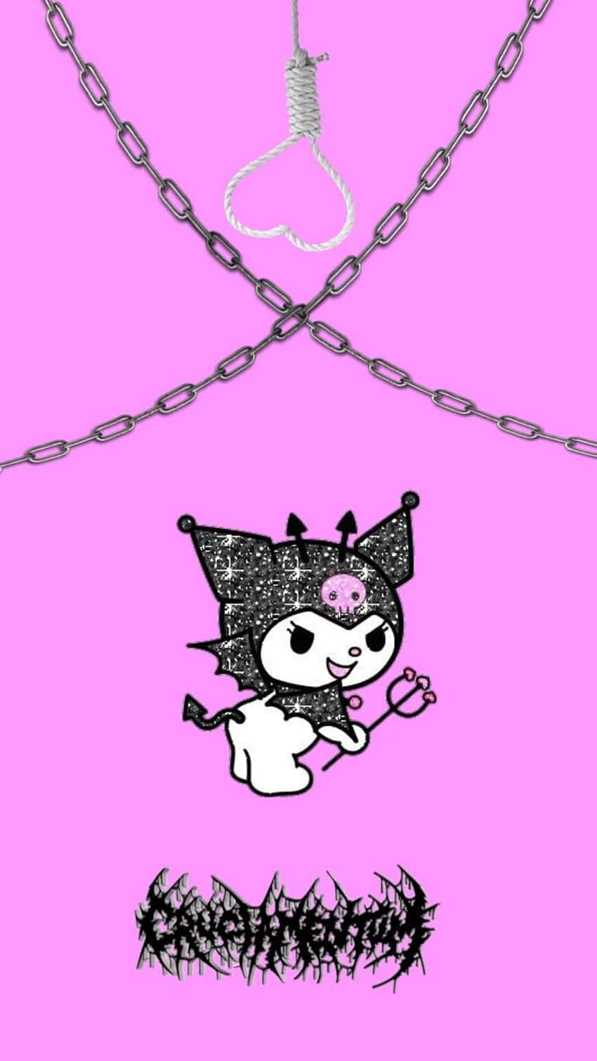 Emo Hello Kitty 桌布 壁紙 — 一個惡魔般的Kuromi角色在交叉的鏈條和心形絞索下拿著三叉戟，背景是充滿活力的粉紅色。