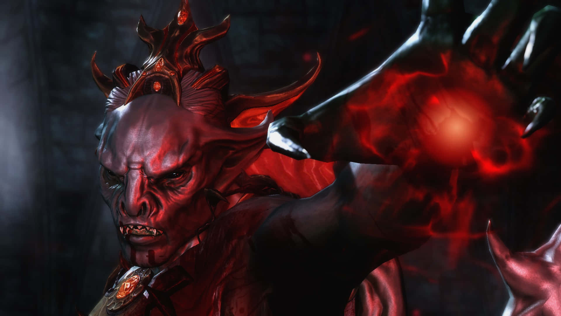 Vampire Lord 桌布 壁紙 — 一個惡魔般的人物，擁有發光的紅色眼睛和角，在黑暗陰影的環境中引導一個熾熱的紅色能量球。