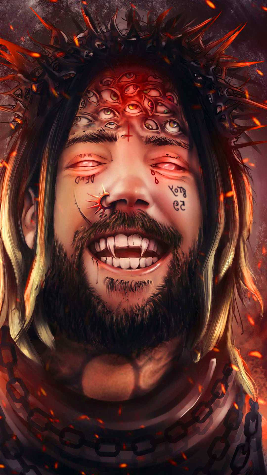 suicideboys 桌布 壁紙 — 一個惡魔般的人物，有著發光的紅眼睛和尖刺王冠，在熾熱的餘燼和鎖鏈中狂笑。