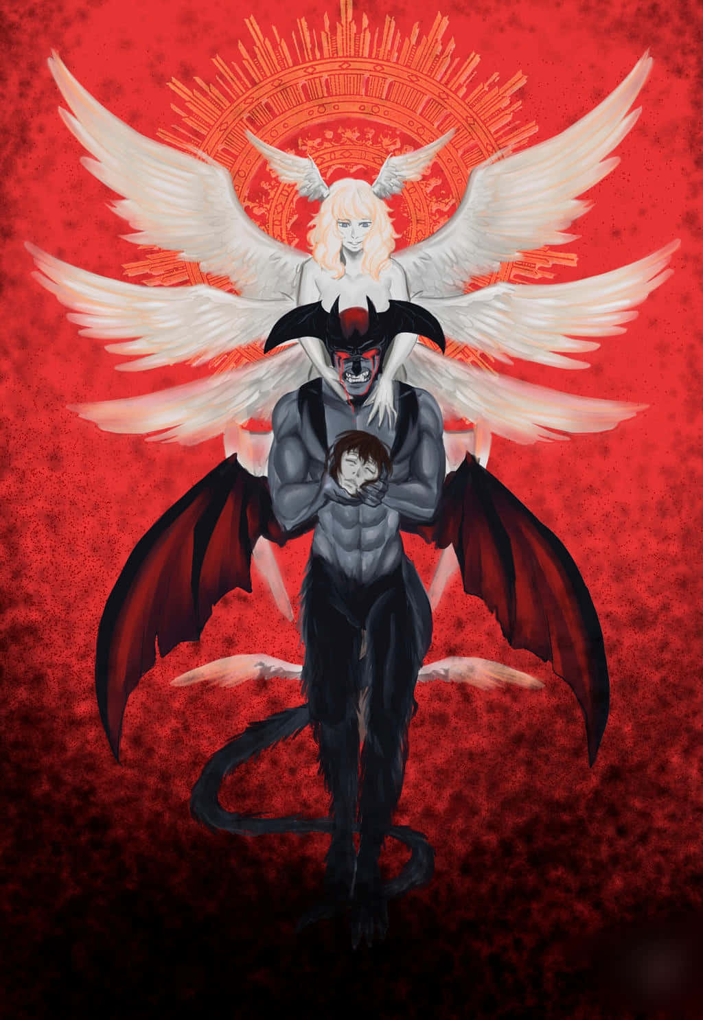 Devilman Crybaby 桌布 壁紙 — 一個惡魔般的人物，有黑色翅膀和尾巴，抱著一個孩子，而一個金髮天使有白色翅膀，在火紅的背景上盤旋。
