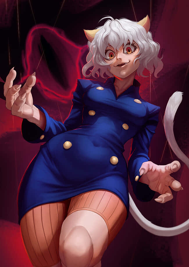 Neferpitou 桌布 壁紙 — 一個惡魔般的動漫女孩，白髮有角，穿著藍色連衣裙和條紋襪子，背景為深紅色。