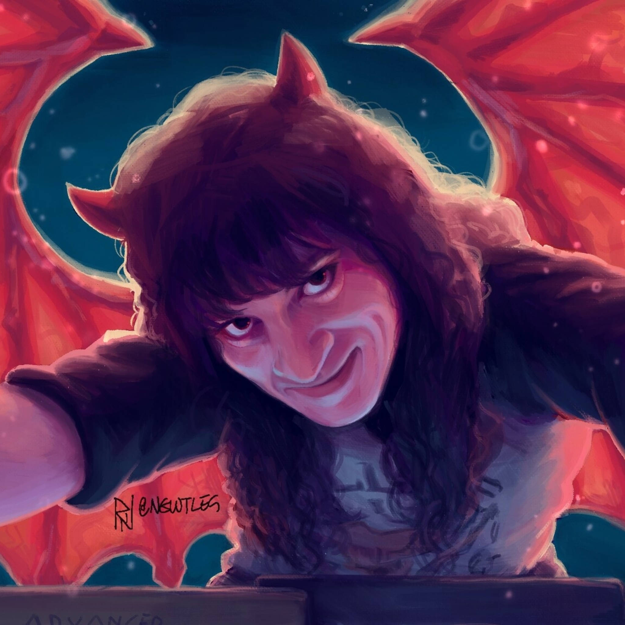 惡魔 桌布 壁紙 — 一個惡魔般的動漫女孩，長著紅色翅膀和角，在星空下頑皮地微笑。
