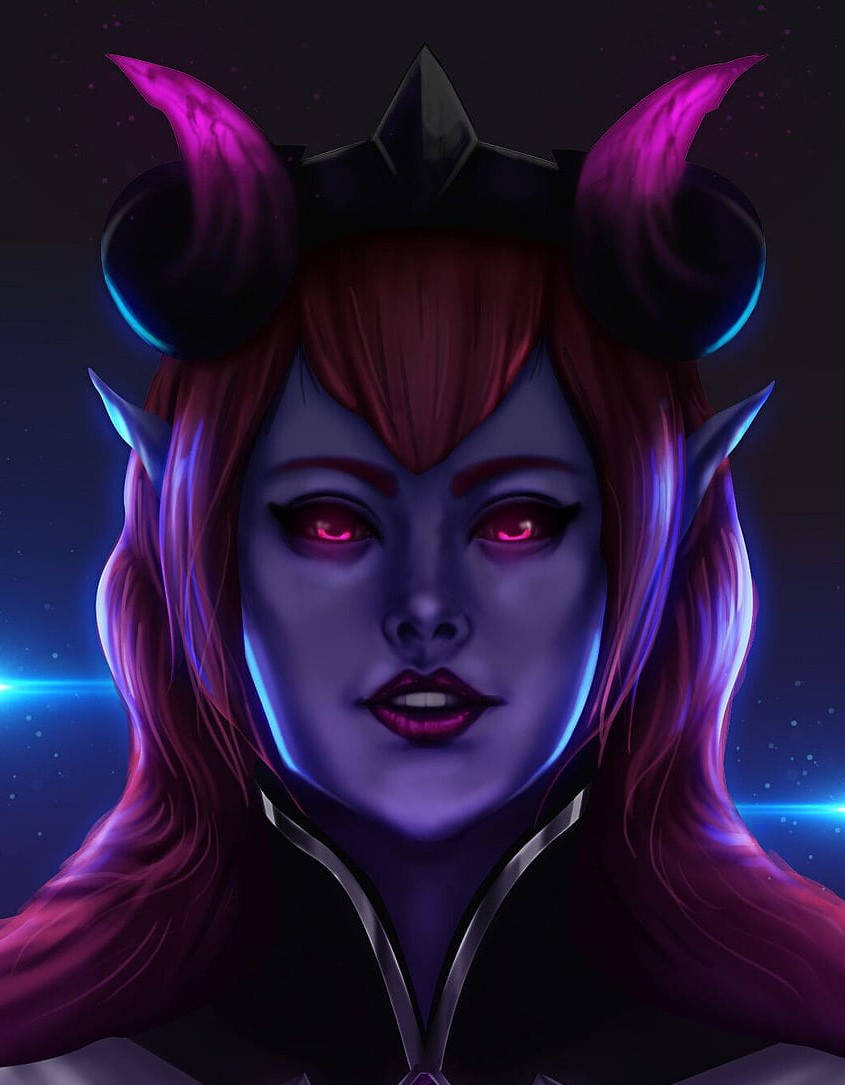 電玩遊戲 桌布 壁紙 — 一個惡魔般的動漫女性，擁有發光的紅色眼睛和紫色角，在星光宇宙背景下強烈凝視。