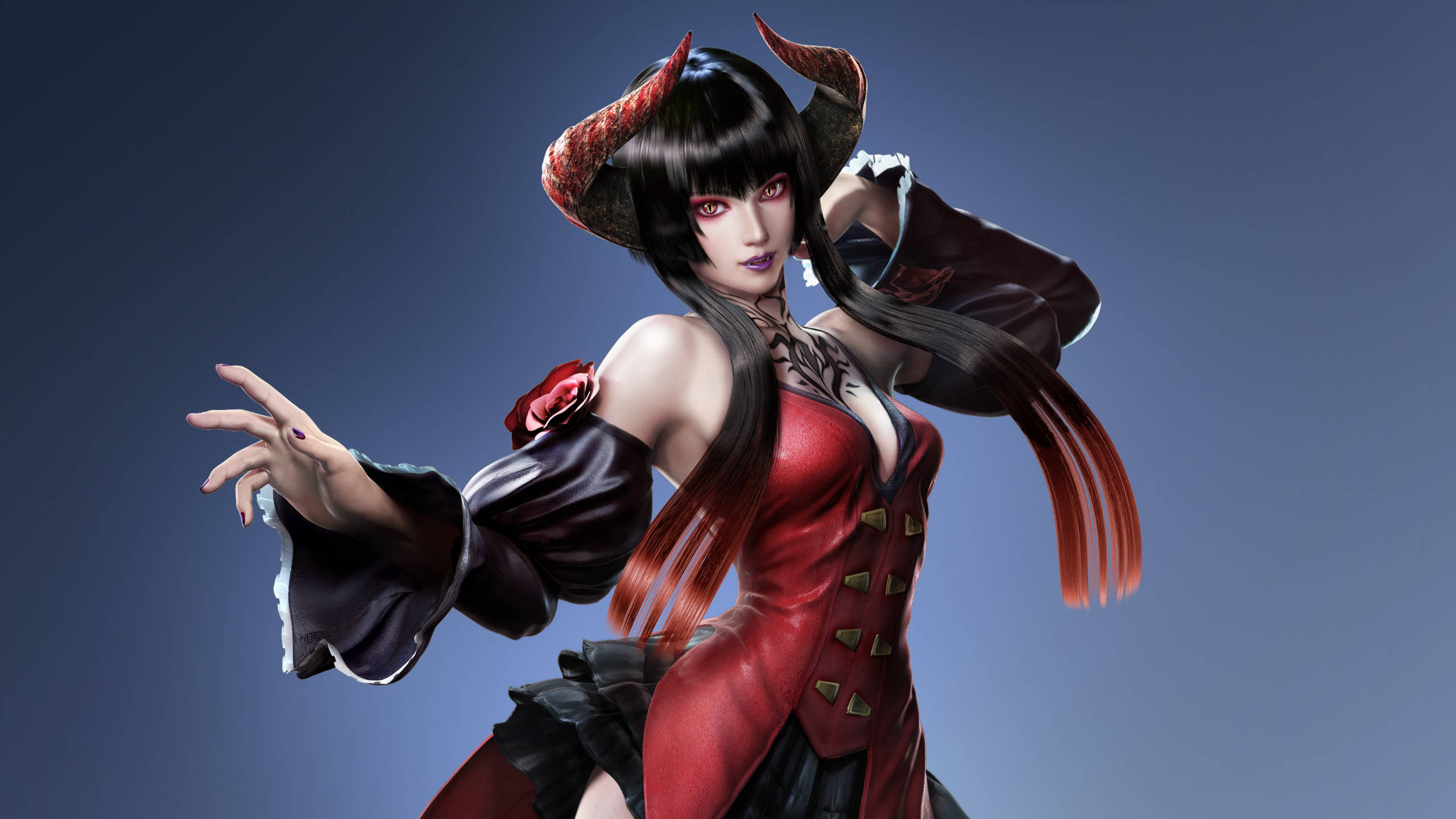 Tekken 桌布 壁紙 — 一個惡魔般的動漫女性，擁有紅色角和發光的眼睛，穿著紅黑服裝，在藍色漸變背景前擺出動態姿勢。