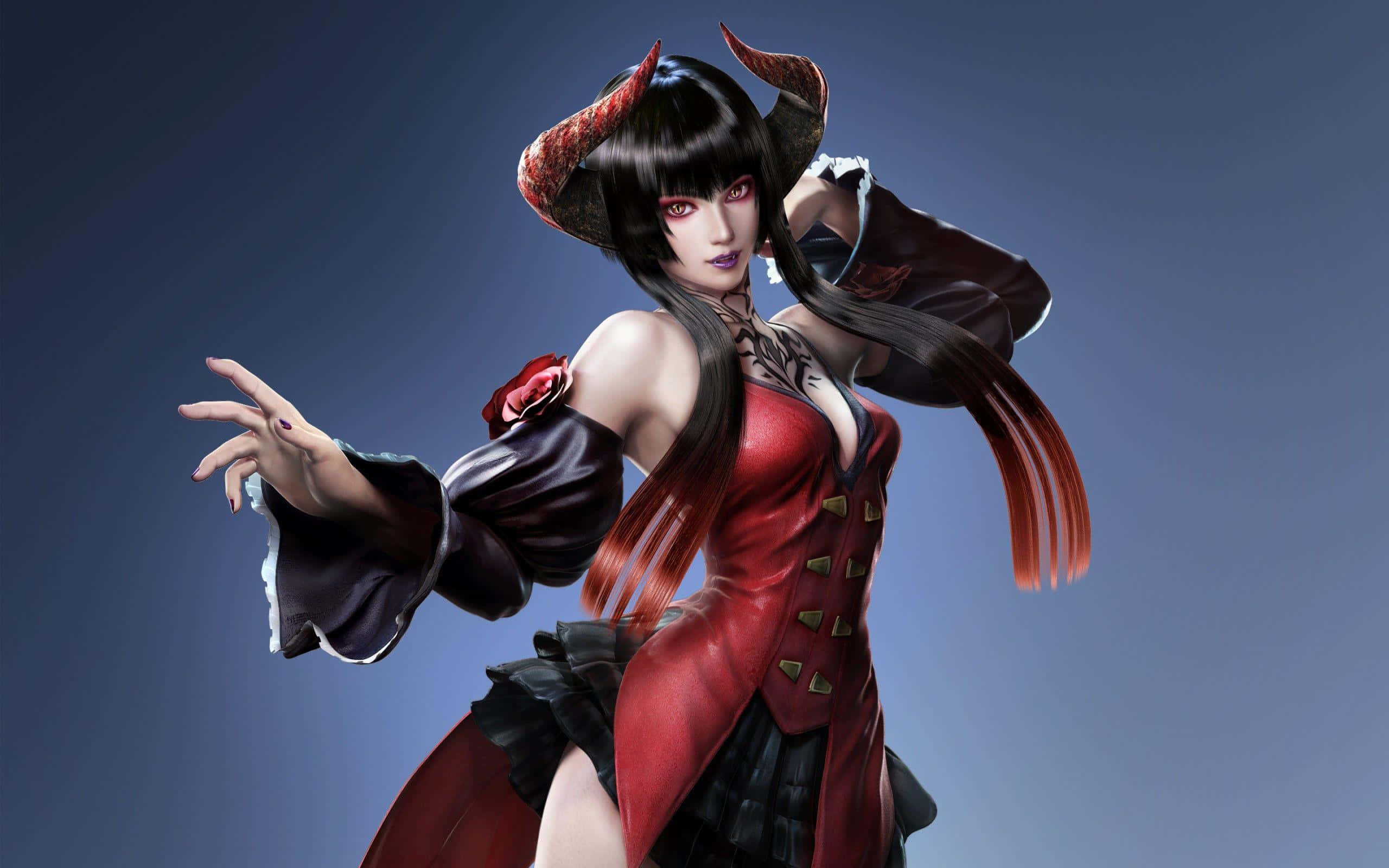 Tekken Characters 桌布 壁紙 — 一個惡魔般的動漫女性，有著紅色角和紅色緊身胸衣，在漸變藍色背景上動態擺姿勢。