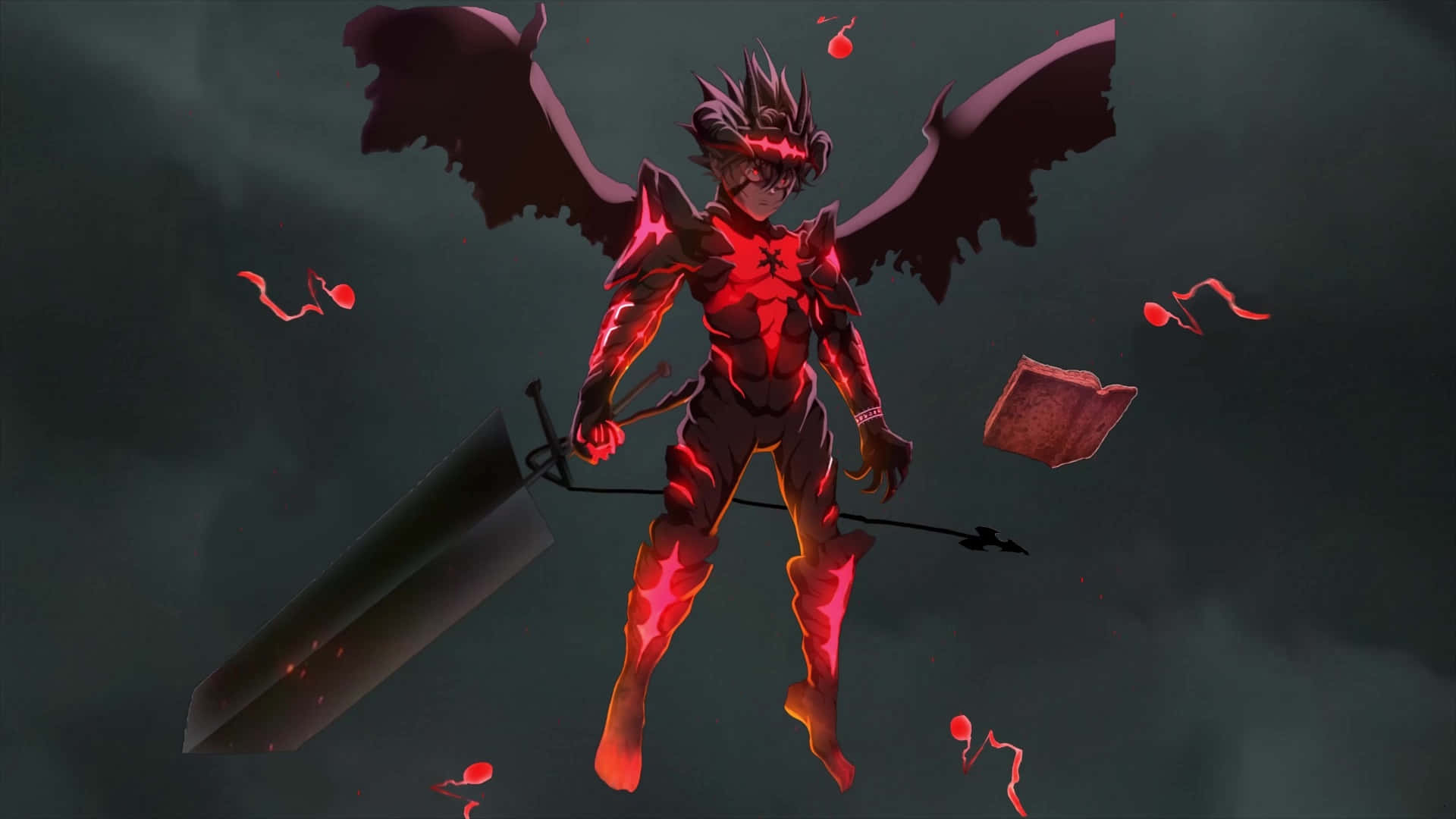 惡魔 桌布 壁紙 — 一個惡魔般的動漫戰士，身穿發光的紅色盔甲和蝙蝠般的翅膀，在黑暗的暴風雨中揮舞著一把巨劍。