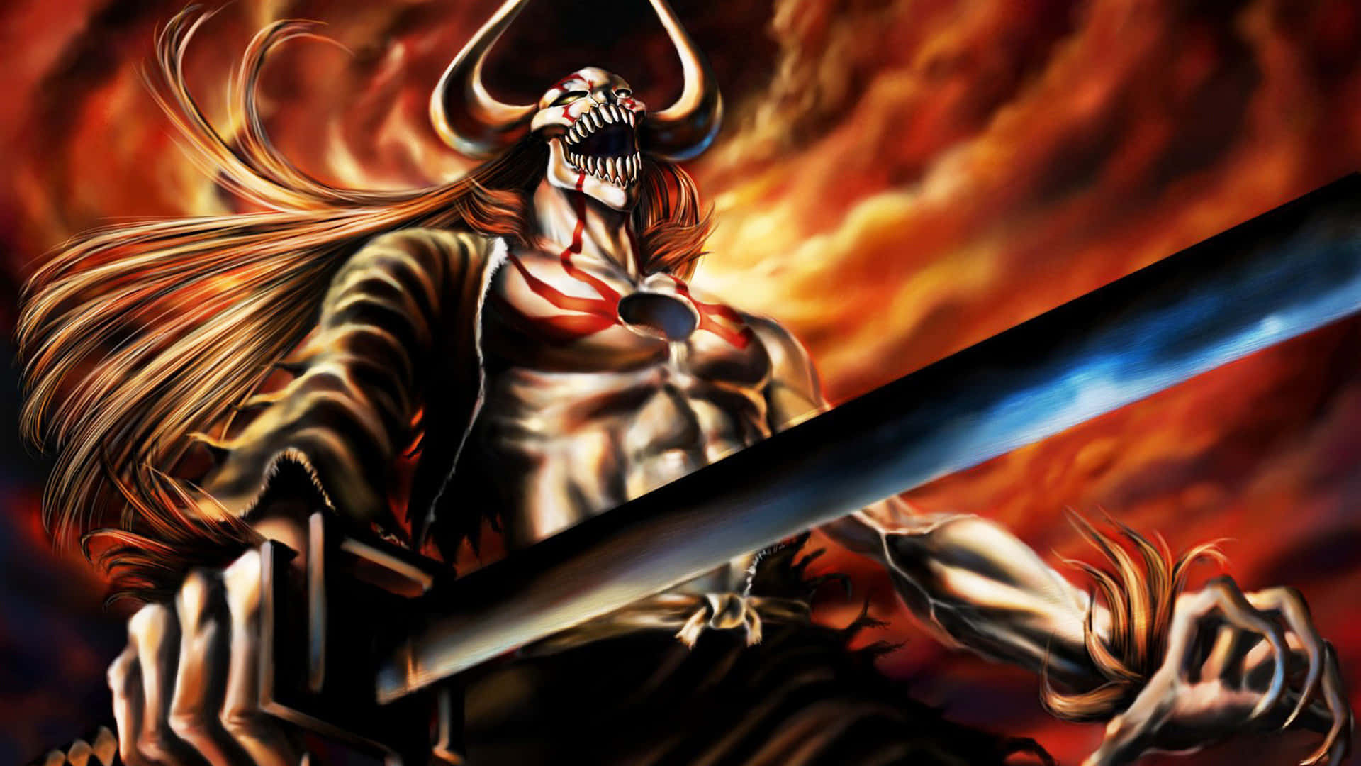 Ichigo Final Form 桌布 壁紙 — 一個惡魔般的動漫戰士，頭上有角，長髮飄逸，在熾熱的橙紅色天空下揮舞著發光的劍。