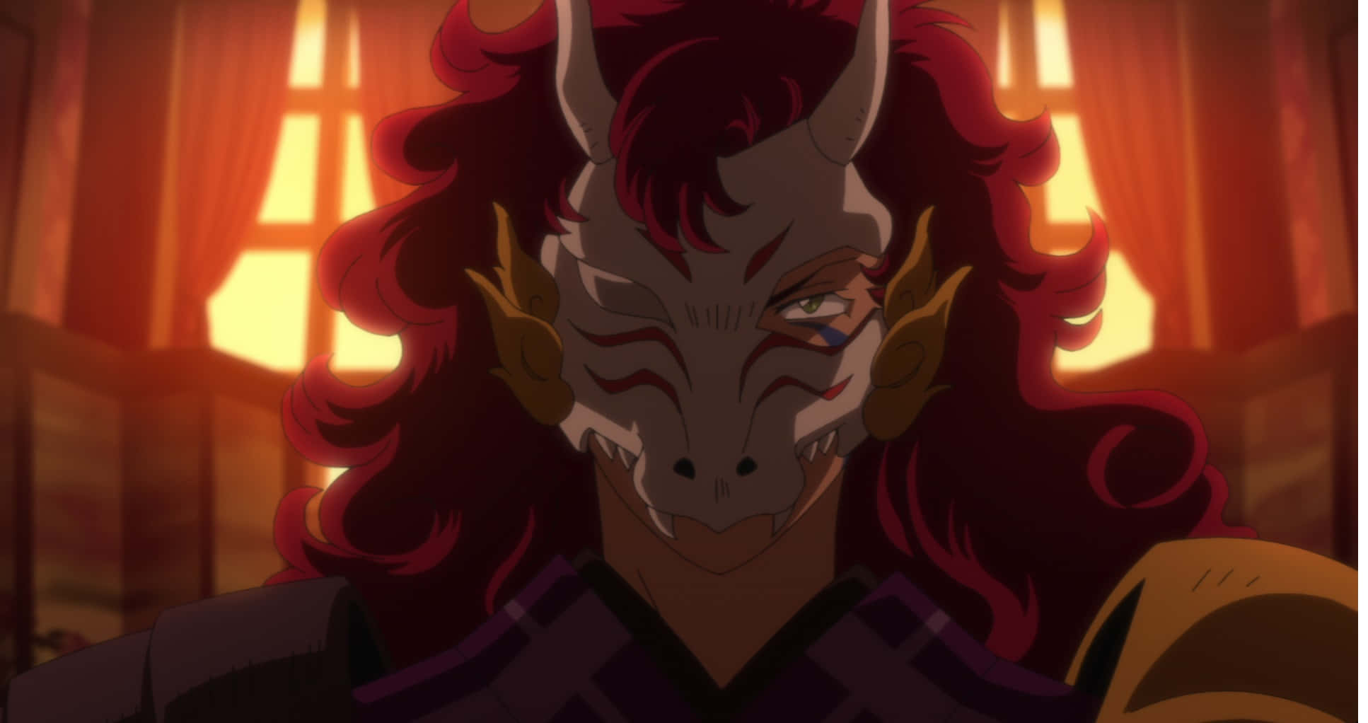 Kirinmaru 桌布 壁紙 — 一個惡魔般的動漫角色，紅髮和角，在一個溫暖照明的房間裡，有木質鑲板和發光的窗戶，強烈地凝視著。