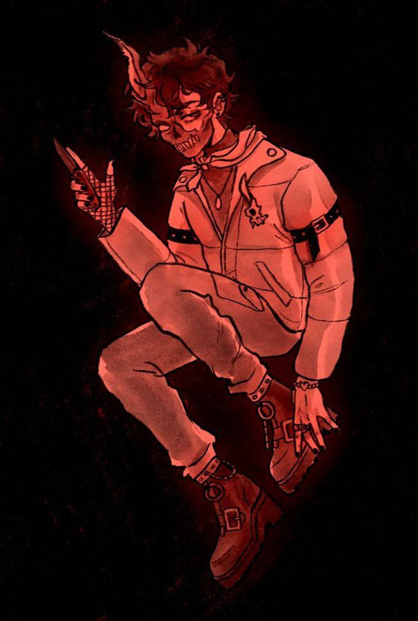 Corpse 桌布 壁紙 — 一個惡魔般的動漫角色，頭上有角，臉是骷髏，在紅色光芒中蹲著，手持一把刀，背景為黑色。