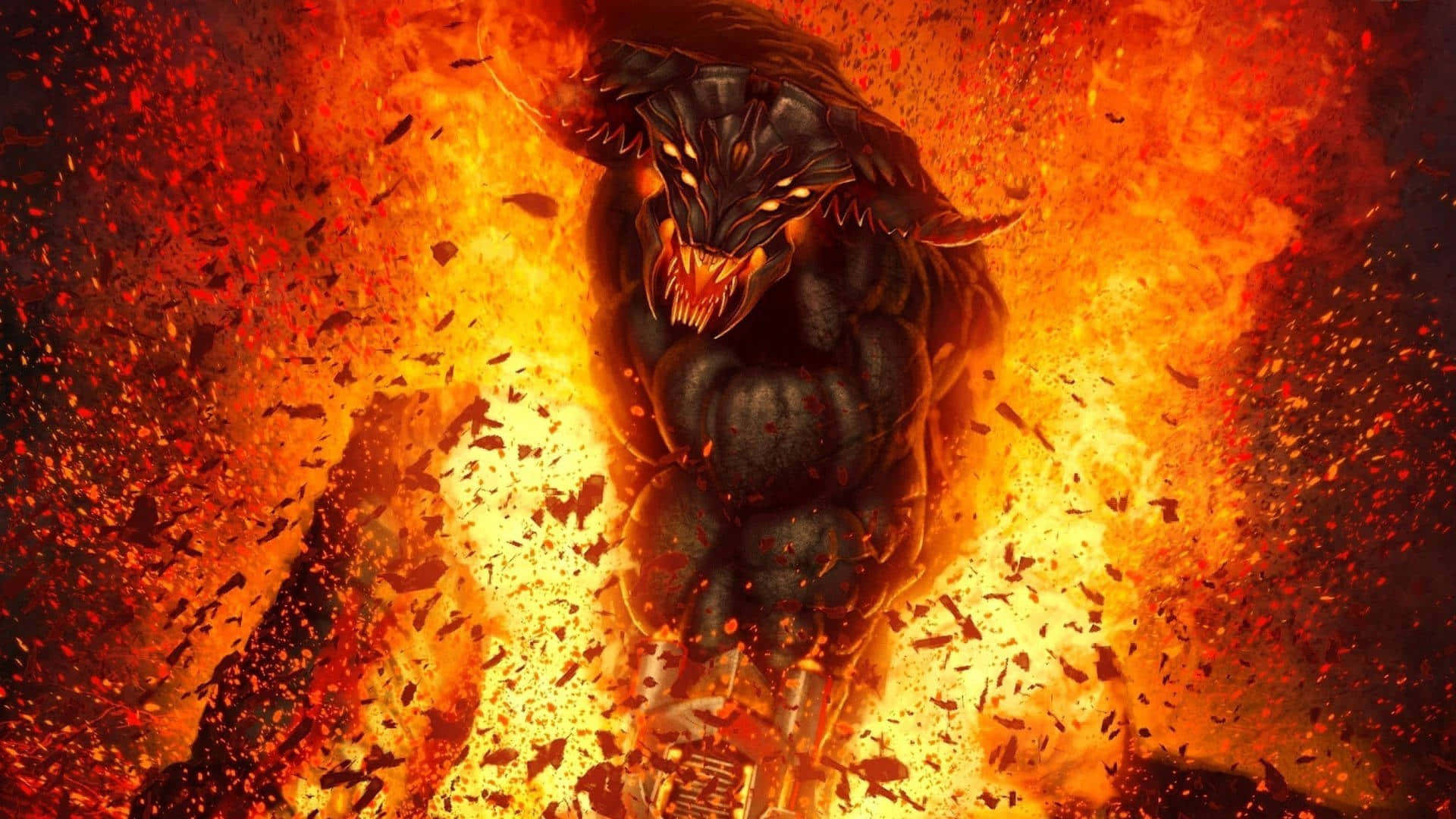 Burn 桌布 壁紙 — 一個惡魔般的生物，有著發光的眼睛和鋒利的牙齒，從橙色和紅色火焰的爆炸中出現。