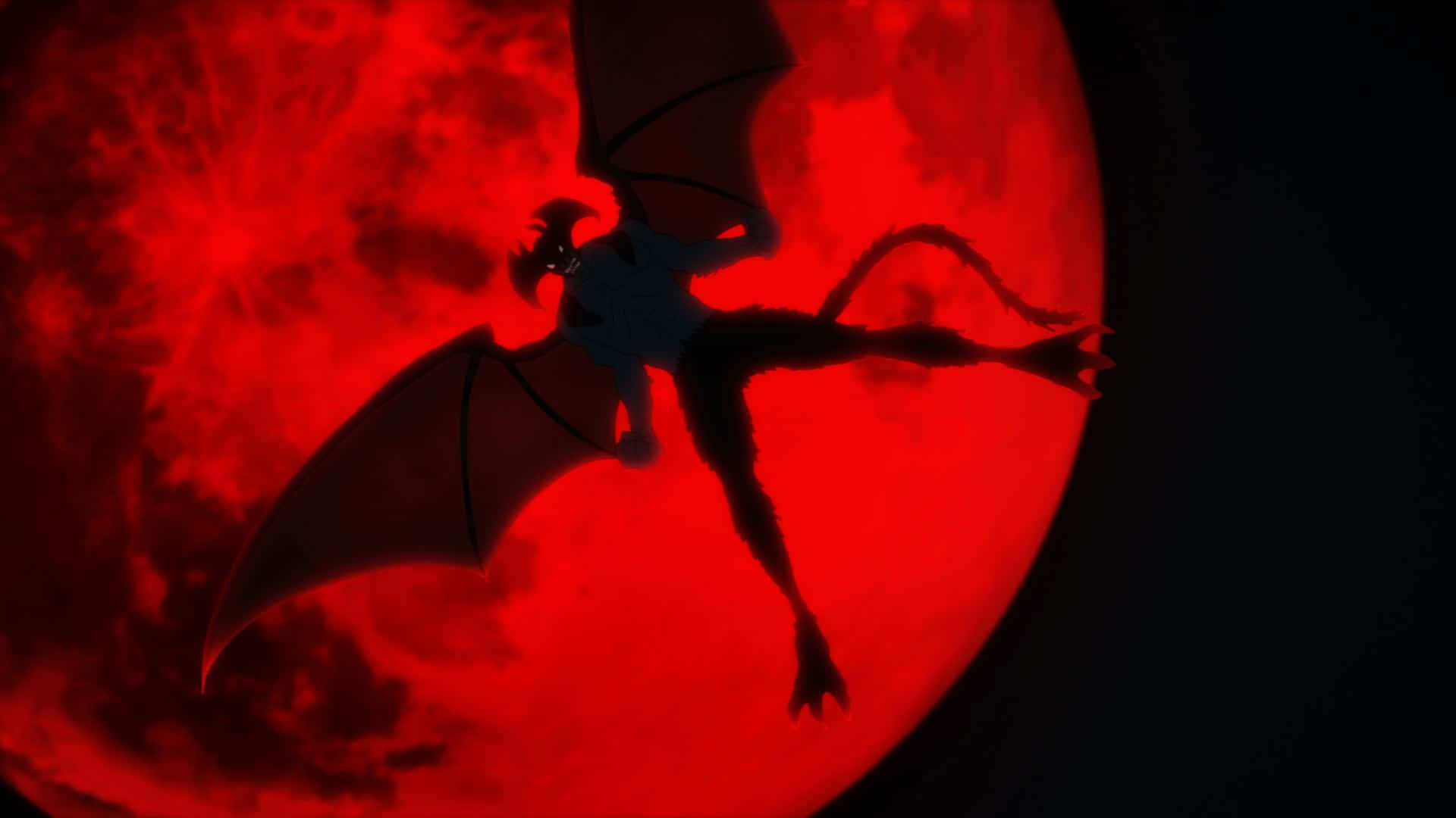 Devilman Crybaby 桌布 壁紙 — 一個惡魔般的蝙蝠狀生物剪影，映襯著黑暗天空中一個巨大的發光紅色月亮。