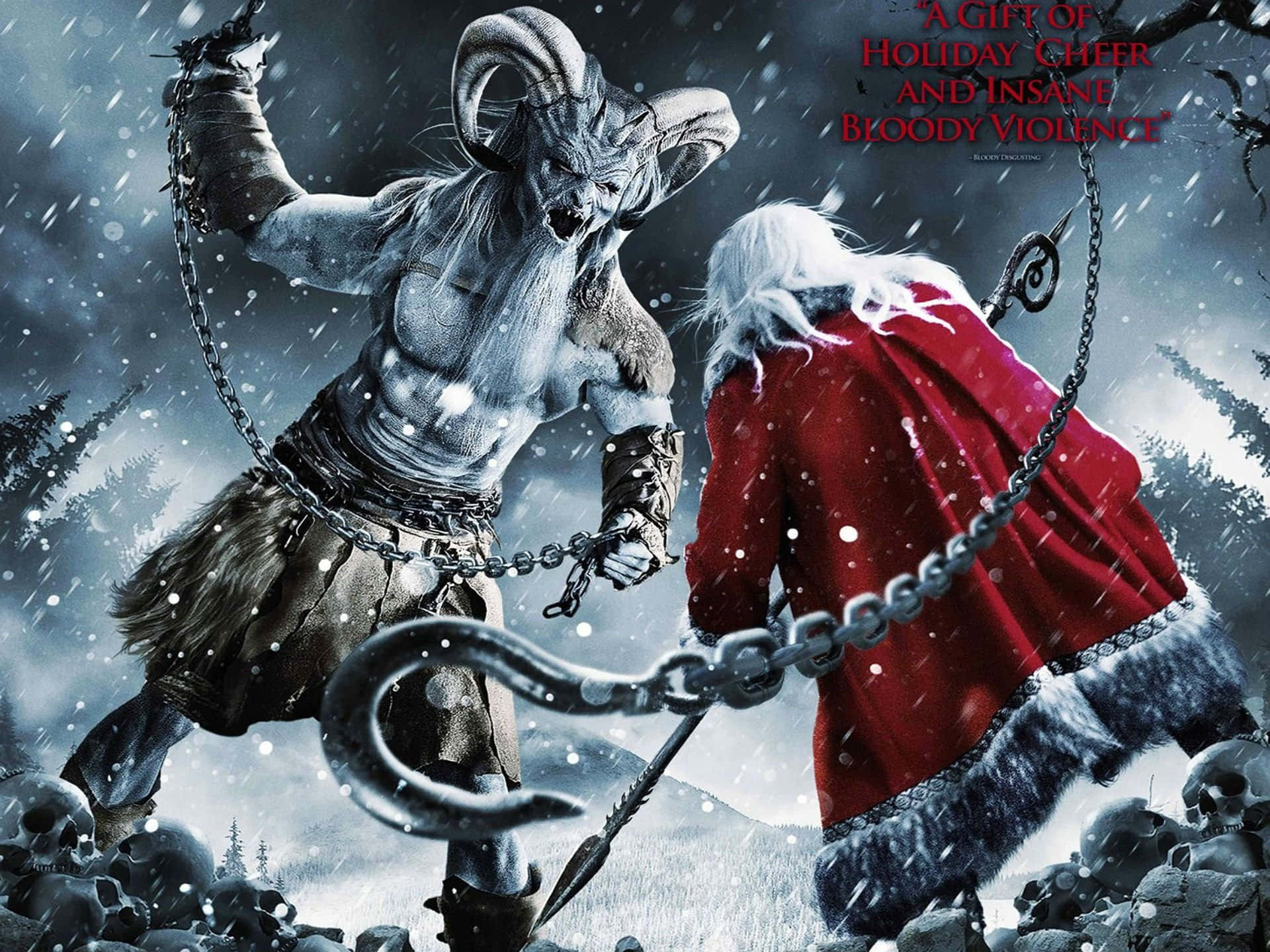 Krampus 桌布 壁紙 — 一個惡魔般的角狀人物在風暴天空下的雪地墓地中用鎖鏈鎖住身穿紅色外套的聖誕老人。