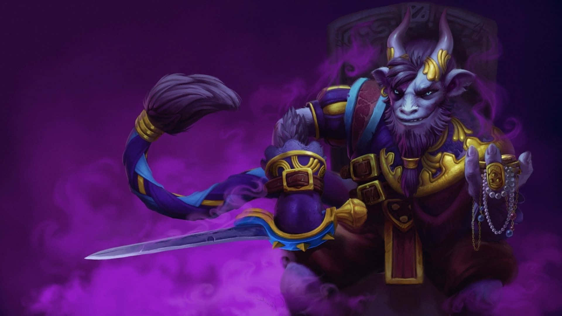 HD Dota 2 桌布 壁紙 — 一個惡魔般的角鬥士穿著華麗的紫色和金色盔甲，在旋轉的紫色迷霧中揮舞著劍。