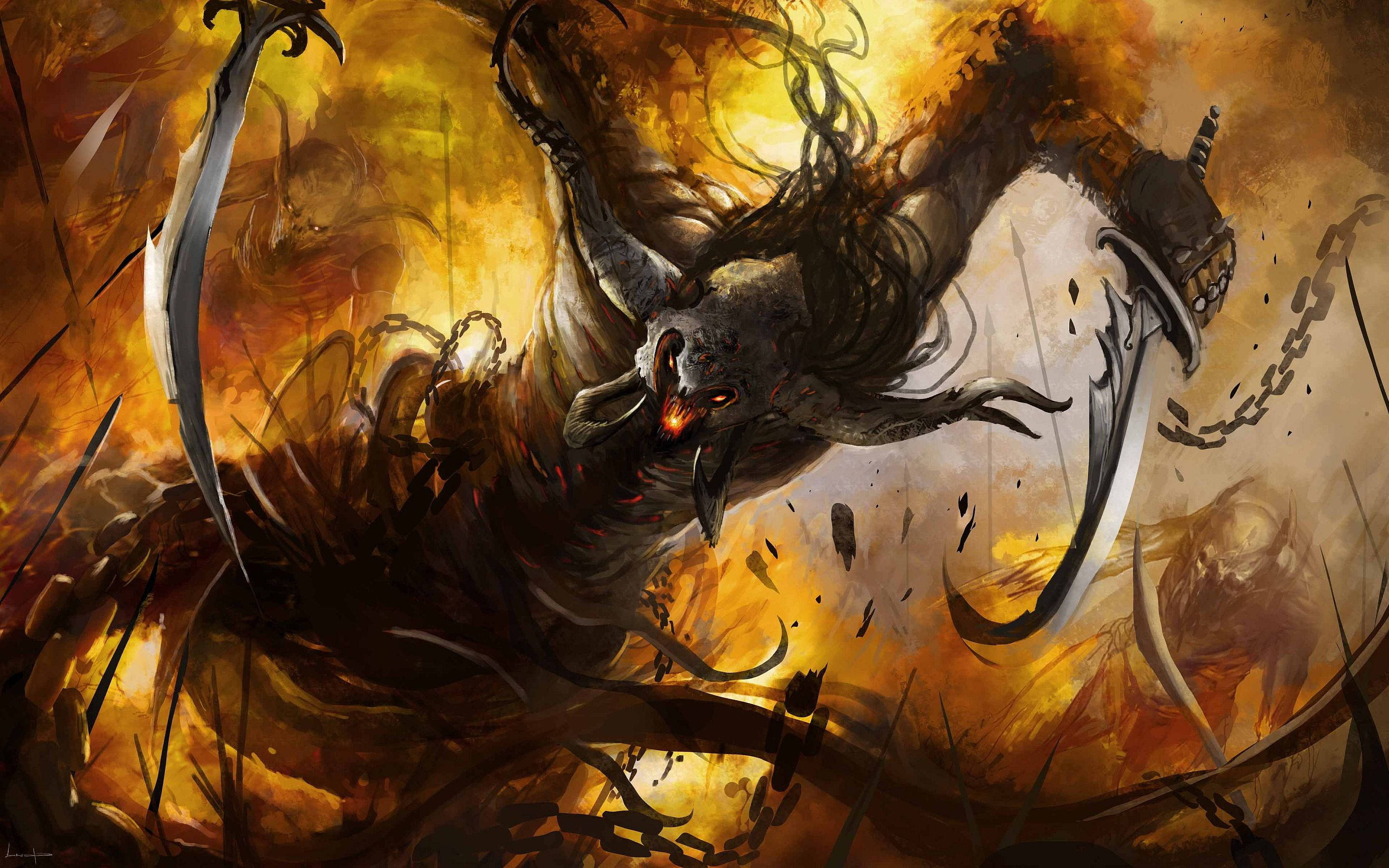 惡魔動圖 桌布 壁紙 — 一個惡魔般的身影，擁有發光的紅色眼睛和鎖鏈，在熾熱的橙色和黃色爆炸中揮舞著彎曲的刀刃。